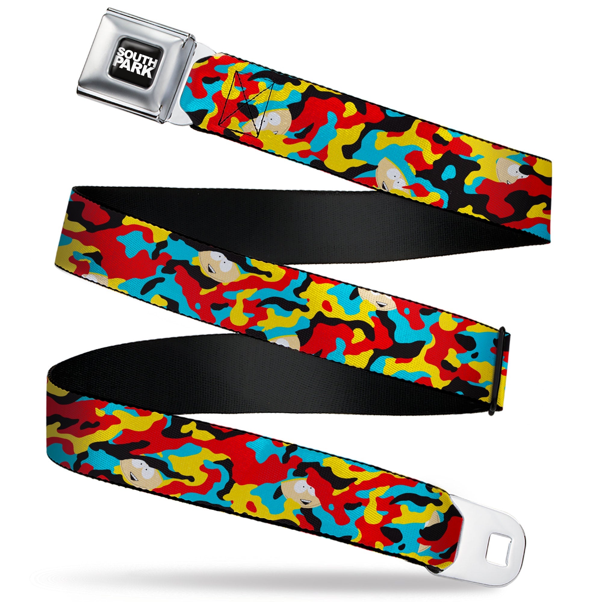 SOUTH PARK Title Logo Full Color Black/White Seatbelt Belt - South Park Cartman Camo Black/Red/Yellow/Blue Webbing