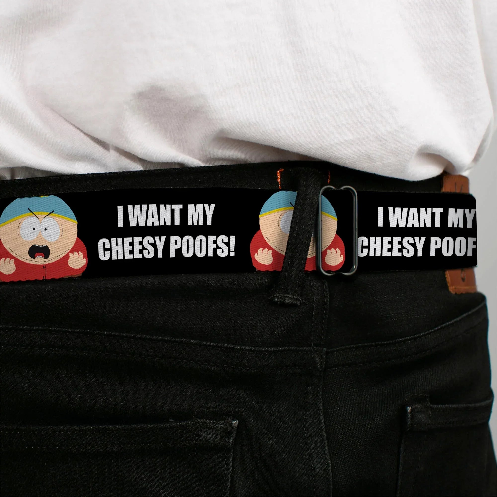 SOUTH PARK Title Logo Full Color Black/White Seatbelt Belt - South Park Cartman I WANT MY CHEESY POOFS Pose Black Webbing - Buckle-Down - Flyclothing LLC