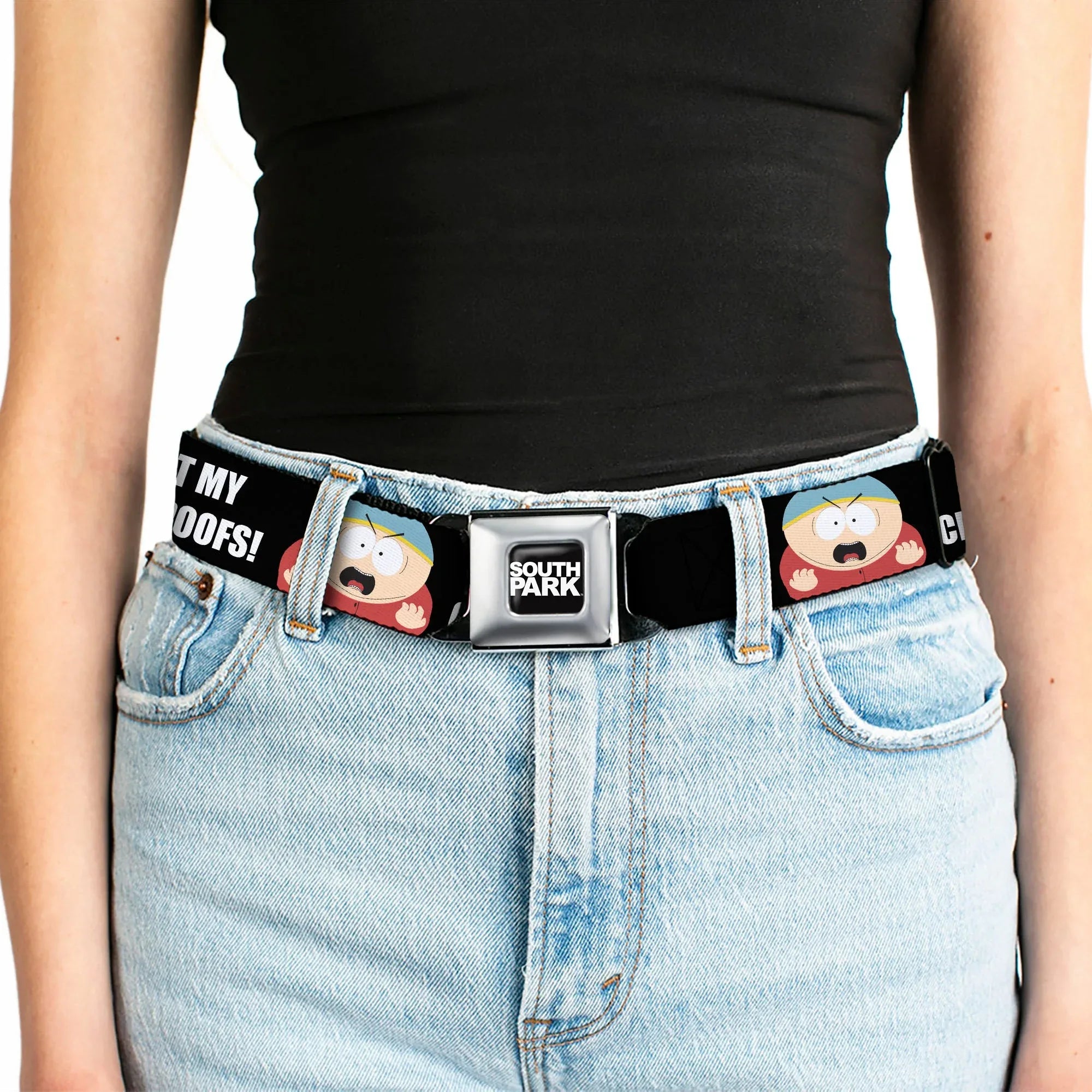 SOUTH PARK Title Logo Full Color Black/White Seatbelt Belt - South Park Cartman I WANT MY CHEESY POOFS Pose Black Webbing - Buckle-Down - Flyclothing LLC