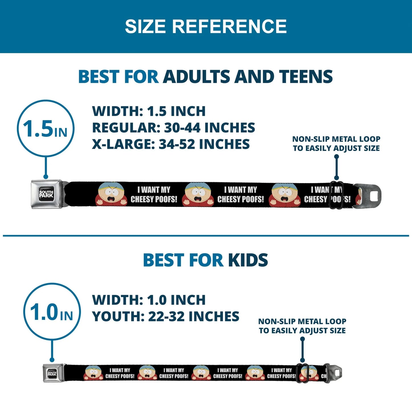 SOUTH PARK Title Logo Full Color Black/White Seatbelt Belt - South Park Cartman I WANT MY CHEESY POOFS Pose Black Webbing - Buckle-Down - Flyclothing LLC