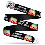 SOUTH PARK Title Logo Full Color Black/White Seatbelt Belt - South Park Cartman I WANT MY CHEESY POOFS Pose Black Webbing - Buckle-Down - Flyclothing LLC