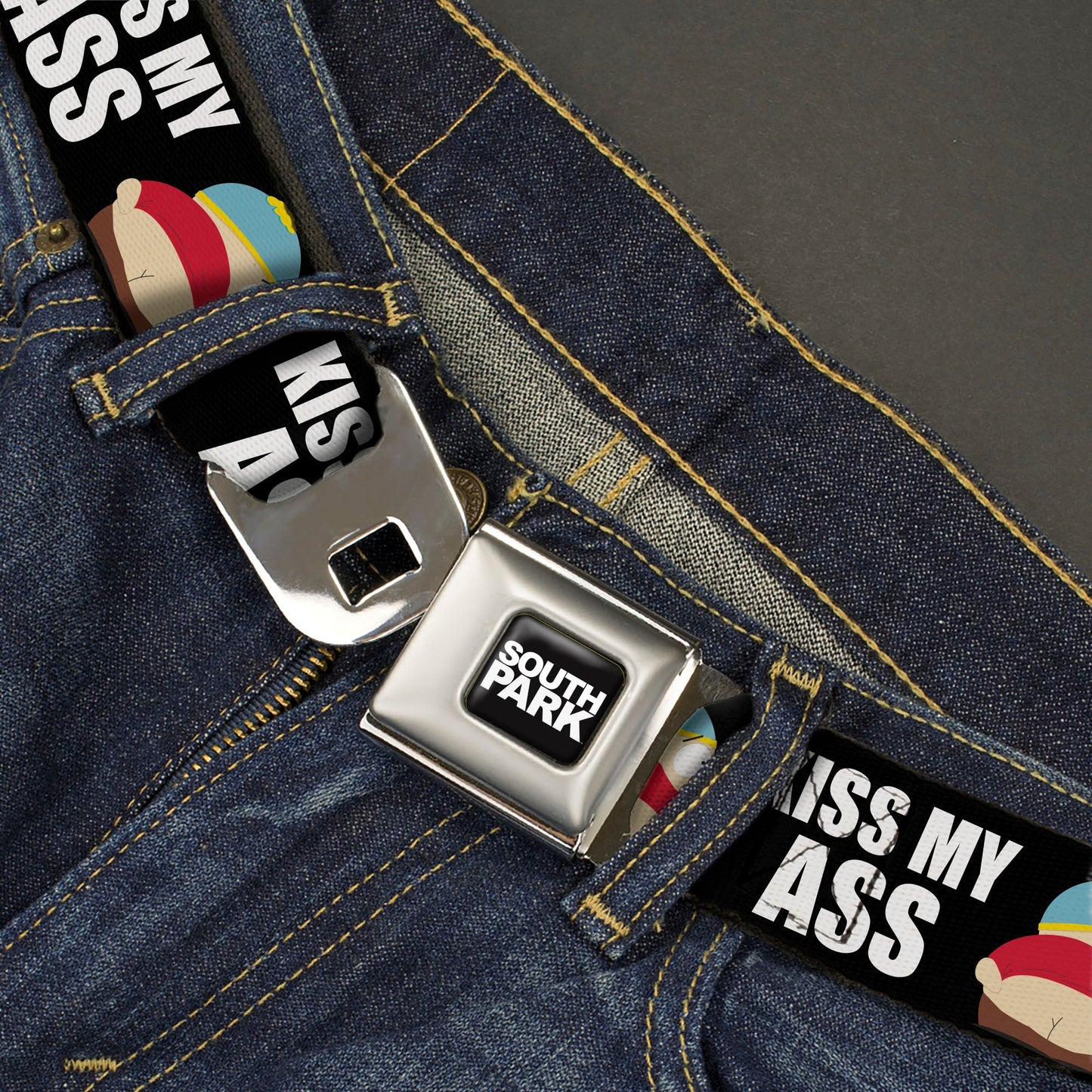 SOUTH PARK Title Logo Full Color Black/White Seatbelt Belt - South Park Cartman Pants KISS MY ASS Pose Black/White Webbing
