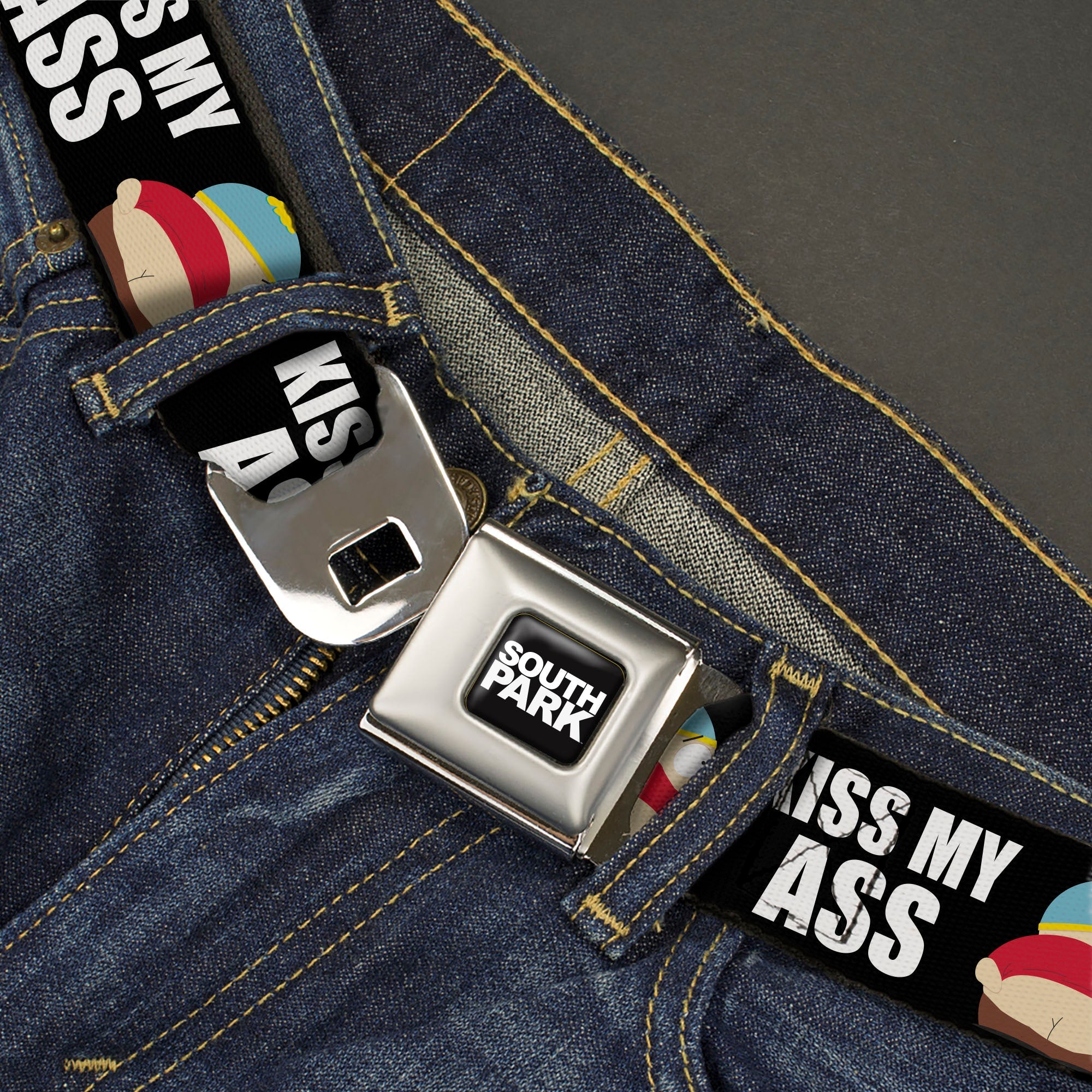 SOUTH PARK Title Logo Full Color Black/White Seatbelt Belt - South Park Cartman Pants KISS MY ASS Pose Black/White Webbing