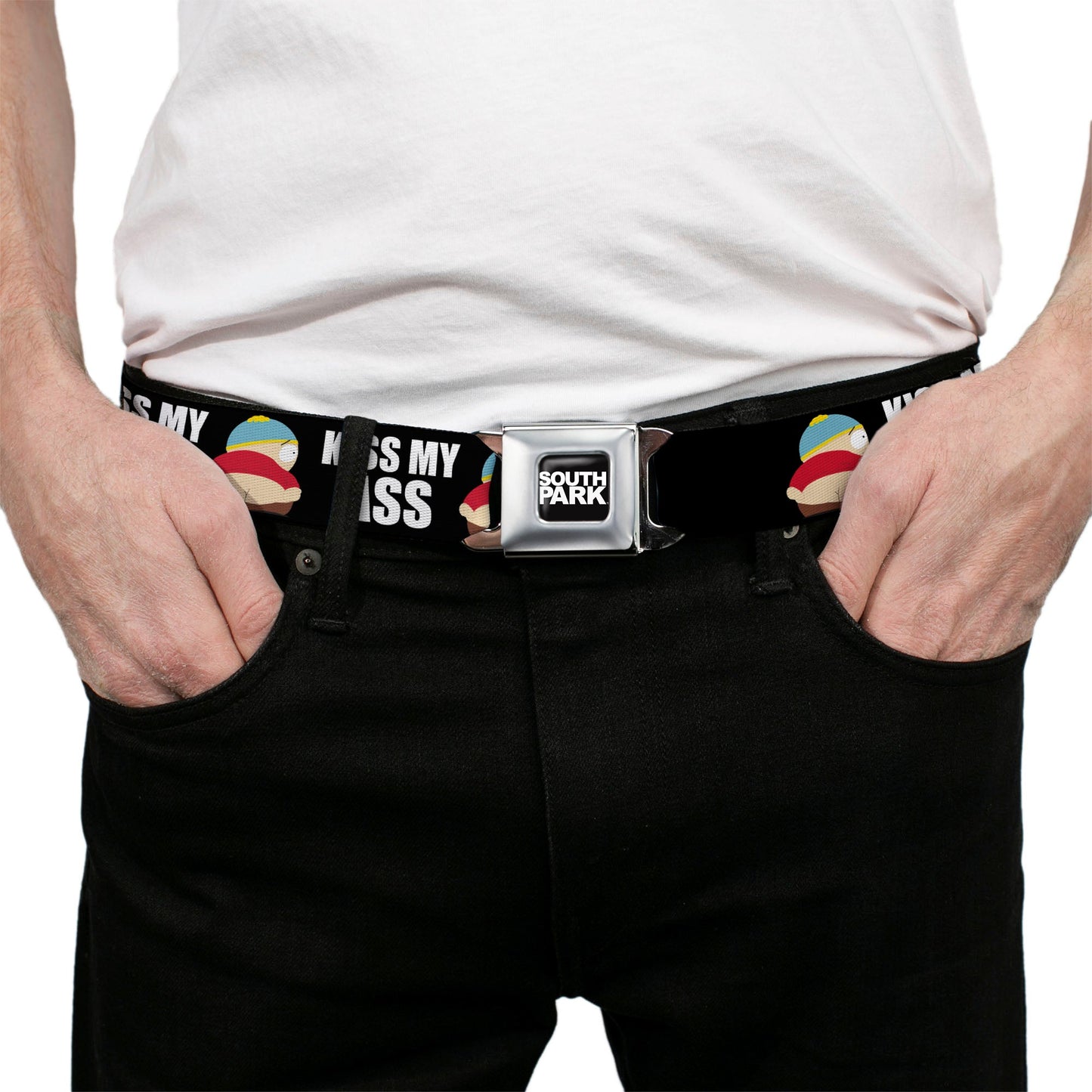 SOUTH PARK Title Logo Full Color Black/White Seatbelt Belt - South Park Cartman Pants KISS MY ASS Pose Black/White Webbing