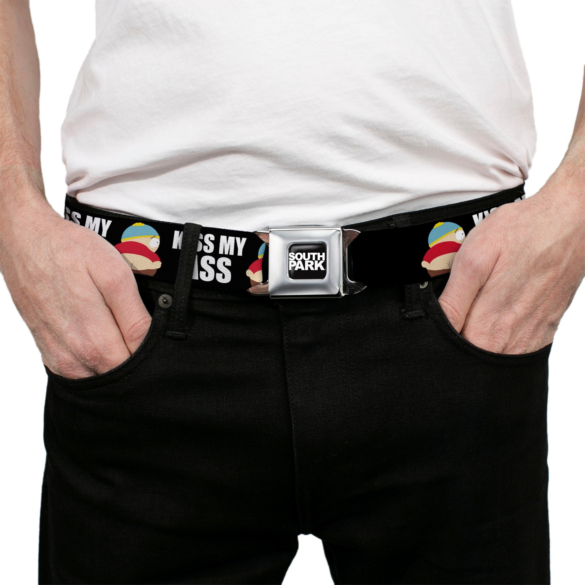 SOUTH PARK Title Logo Full Color Black/White Seatbelt Belt - South Park Cartman Pants KISS MY ASS Pose Black/White Webbing