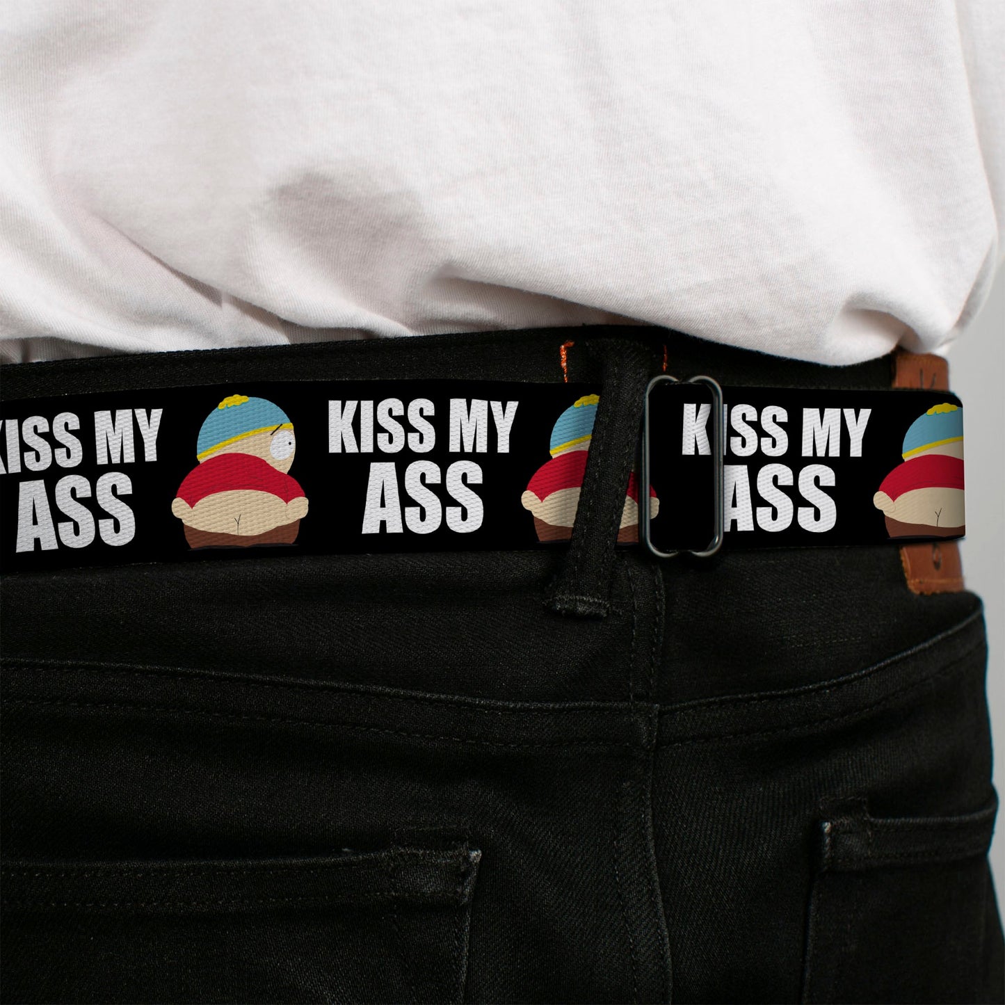 SOUTH PARK Title Logo Full Color Black/White Seatbelt Belt - South Park Cartman Pants KISS MY ASS Pose Black/White Webbing