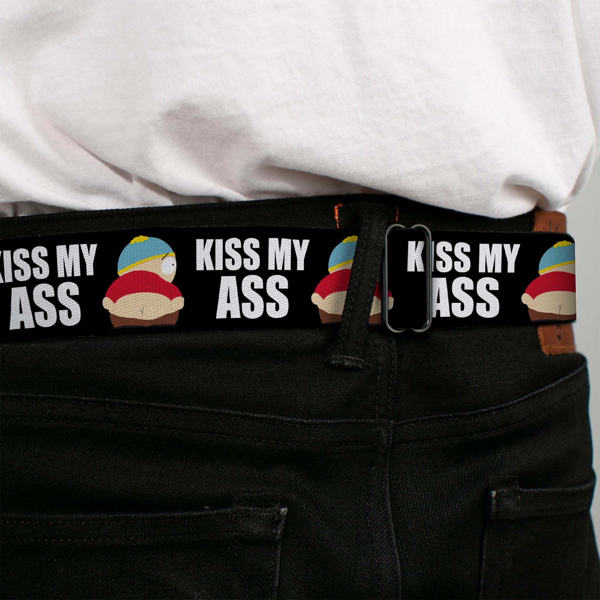 SOUTH PARK Title Logo Full Color Black/White Seatbelt Belt - South Park Cartman Pants KISS MY ASS Pose Black/White Webbing