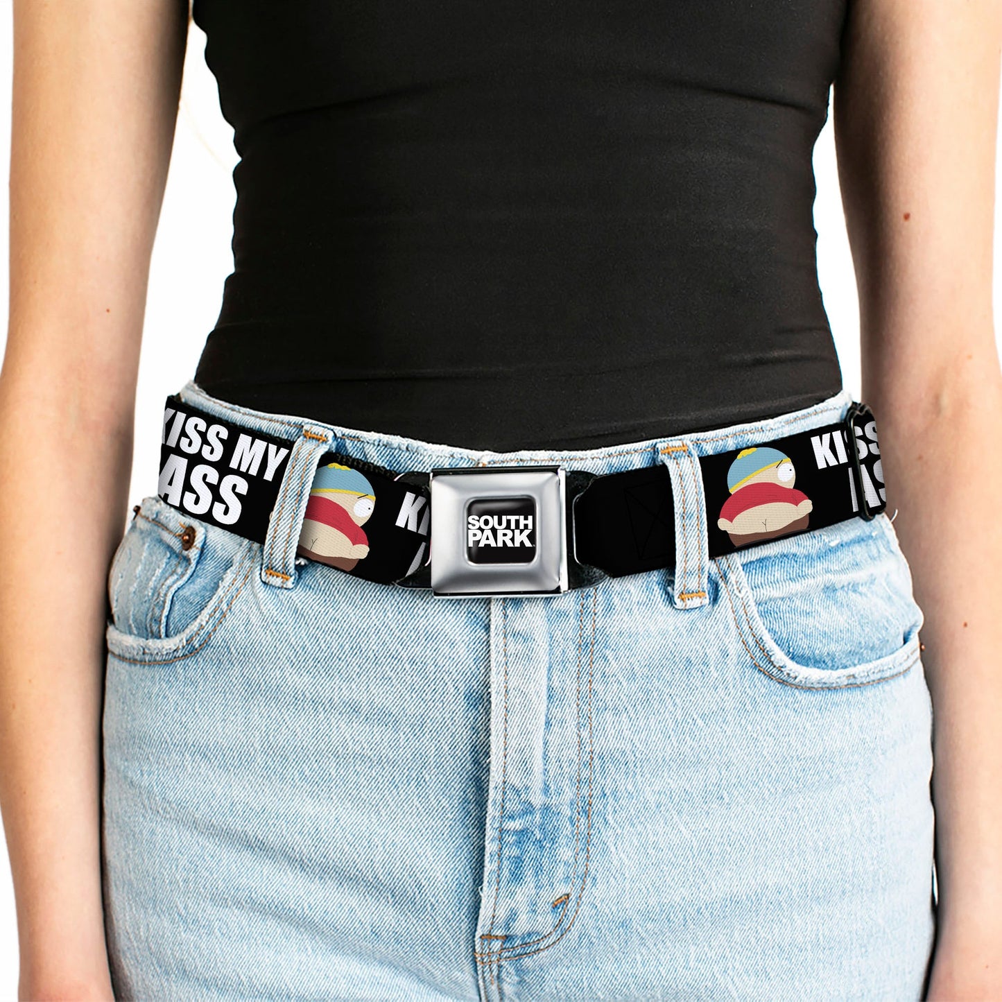 SOUTH PARK Title Logo Full Color Black/White Seatbelt Belt - South Park Cartman Pants KISS MY ASS Pose Black/White Webbing