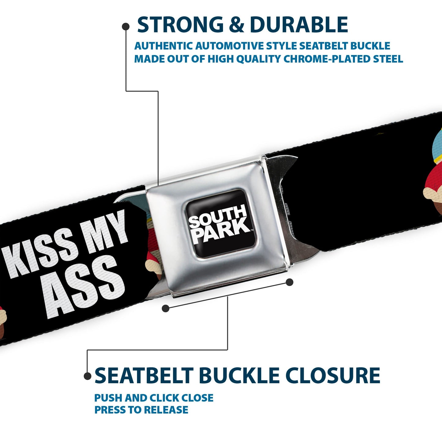 SOUTH PARK Title Logo Full Color Black/White Seatbelt Belt - South Park Cartman Pants KISS MY ASS Pose Black/White Webbing