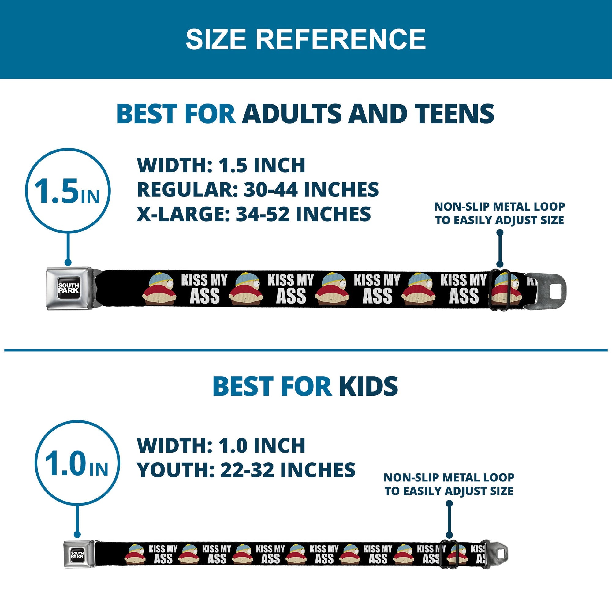 SOUTH PARK Title Logo Full Color Black/White Seatbelt Belt - South Park Cartman Pants KISS MY ASS Pose Black/White Webbing