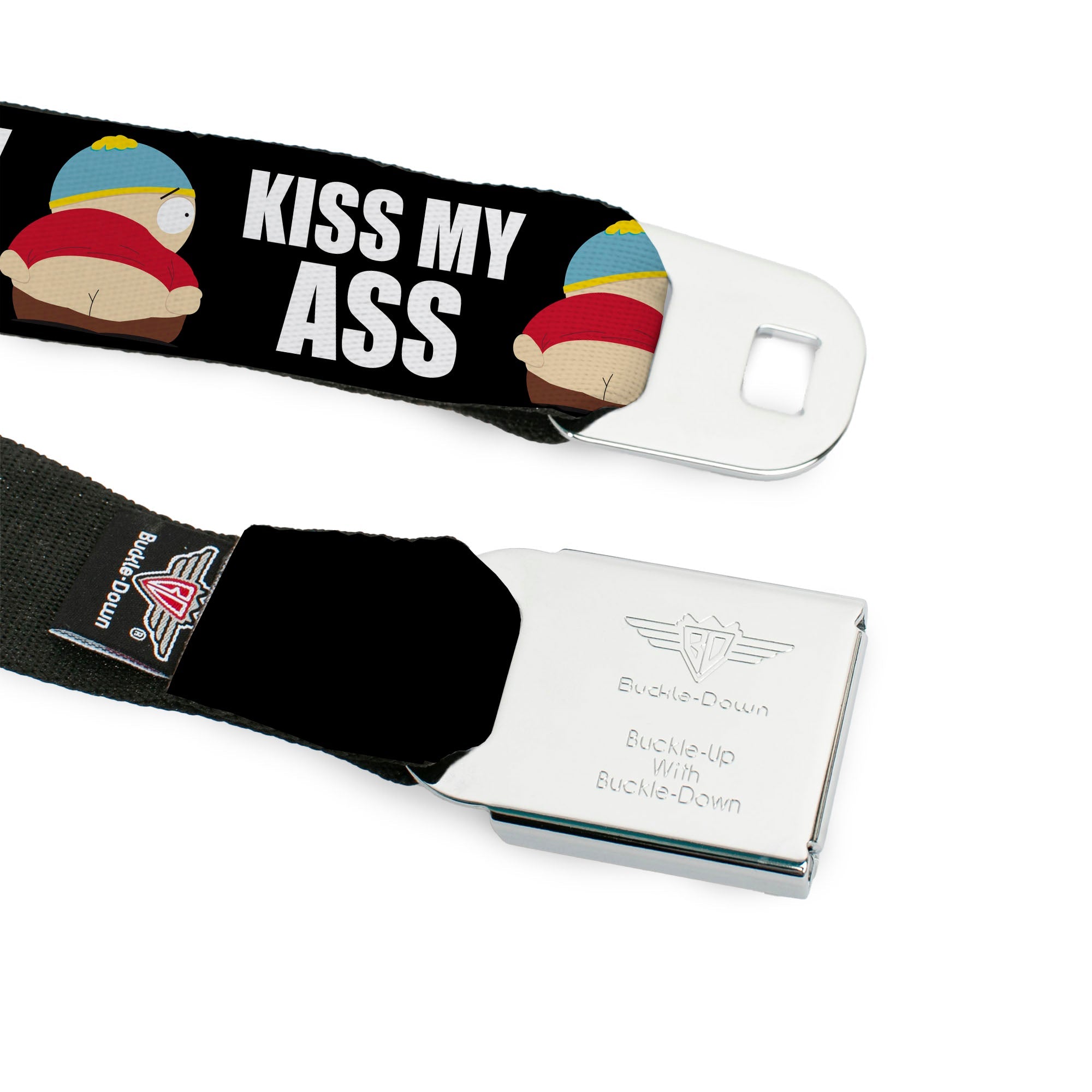 SOUTH PARK Title Logo Full Color Black/White Seatbelt Belt - South Park Cartman Pants KISS MY ASS Pose Black/White Webbing