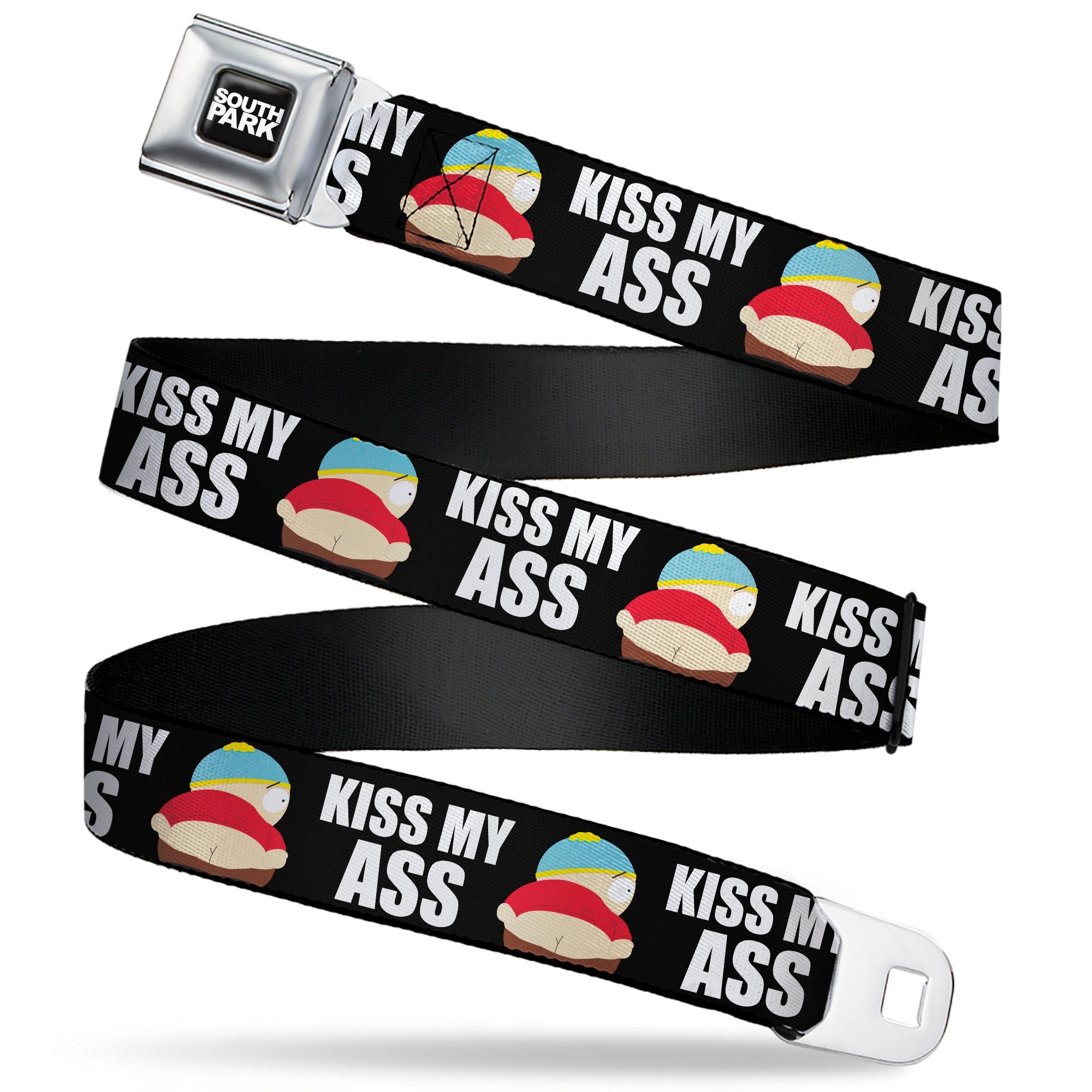 SOUTH PARK Title Logo Full Color Black/White Seatbelt Belt - South Park Cartman Pants KISS MY ASS Pose Black/White Webbing