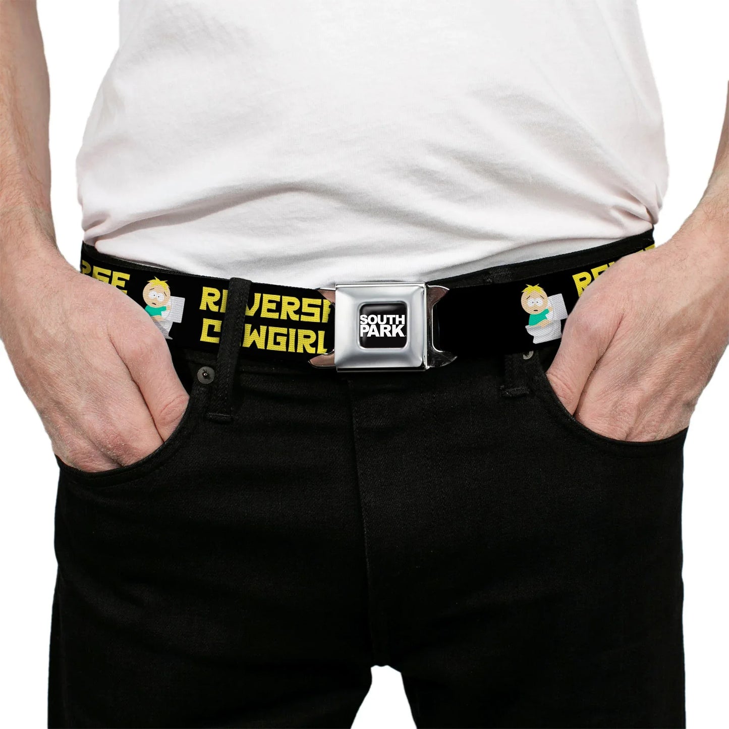 SOUTH PARK Title Logo Full Color Black/White Seatbelt Belt - South Park Butters REVERSE COWGIRL Toilet Pose Black/Yellow Webbing - Buckle-Down - Flyclothing LLC