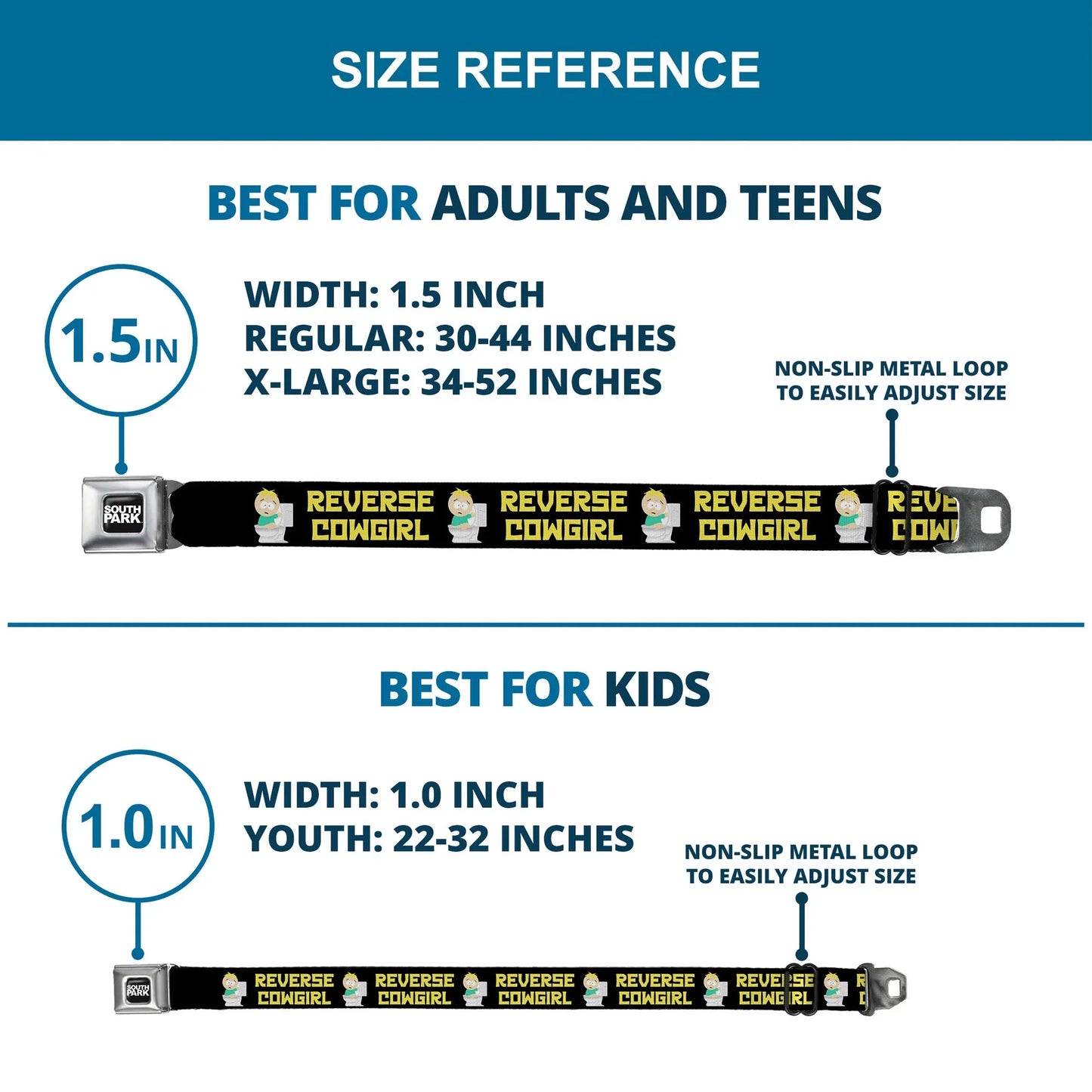 SOUTH PARK Title Logo Full Color Black/White Seatbelt Belt - South Park Butters REVERSE COWGIRL Toilet Pose Black/Yellow Webbing - Buckle-Down - Flyclothing LLC