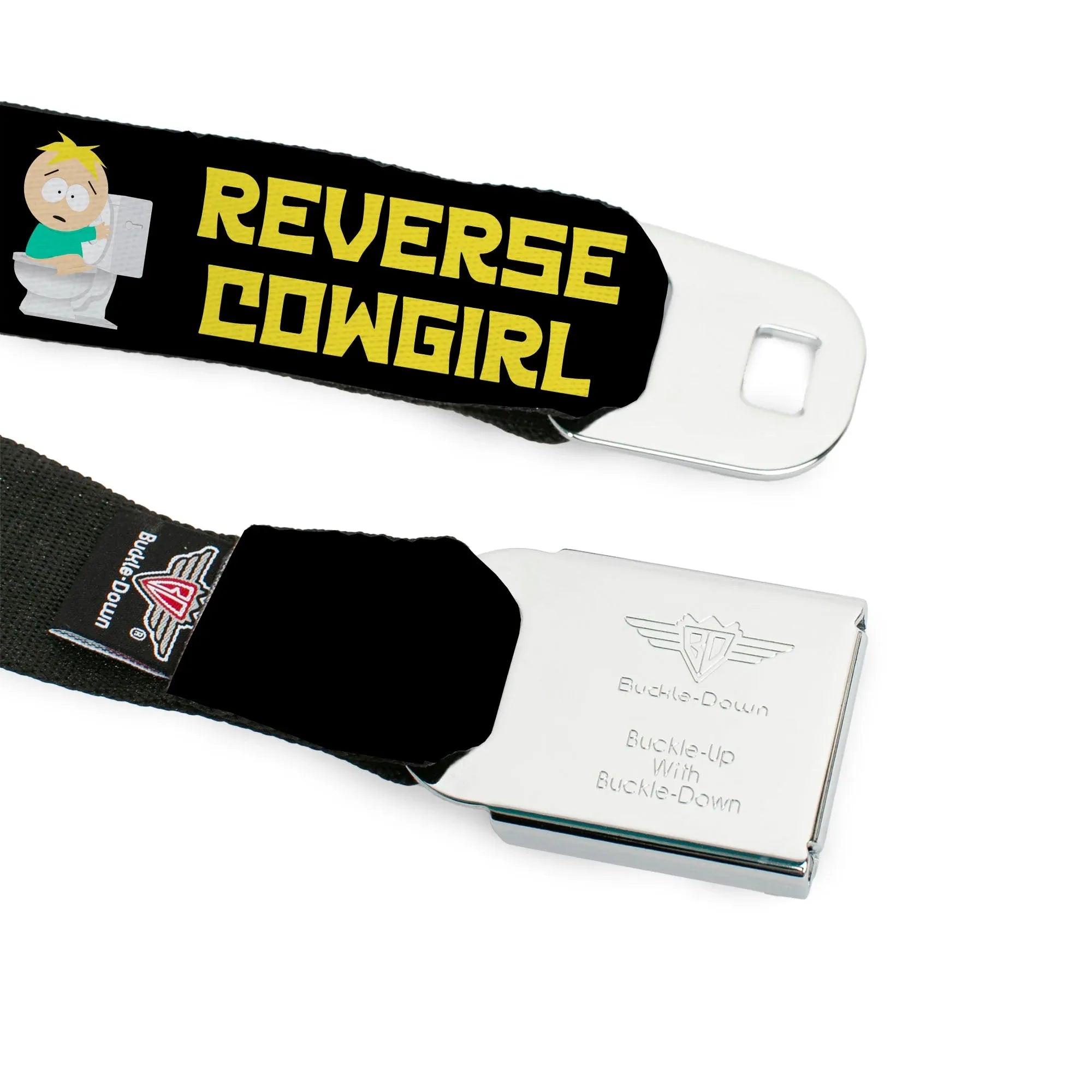 SOUTH PARK Title Logo Full Color Black/White Seatbelt Belt - South Park Butters REVERSE COWGIRL Toilet Pose Black/Yellow Webbing - Buckle-Down - Flyclothing LLC