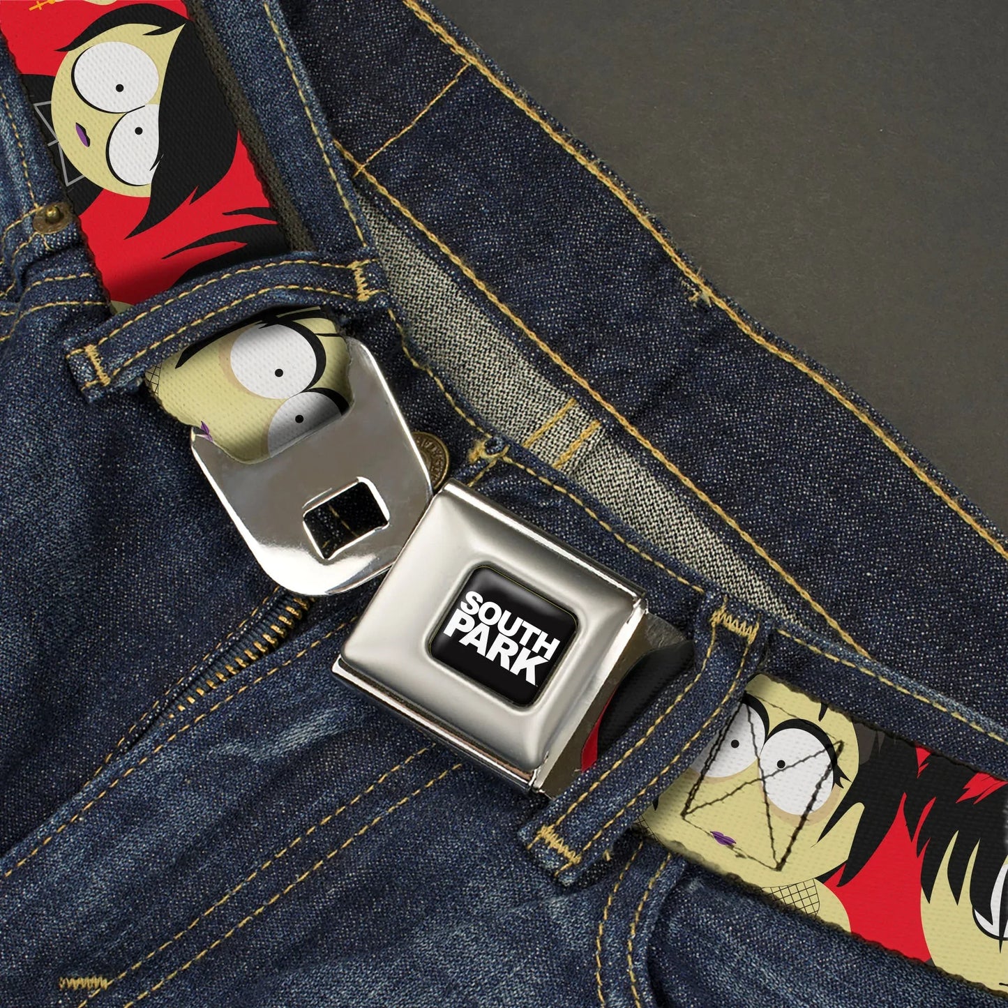 SOUTH PARK Title Logo Full Color Black/White Seatbelt Belt - South Park Goth Kids Expressions Red Webbing - Buckle-Down - Flyclothing LLC