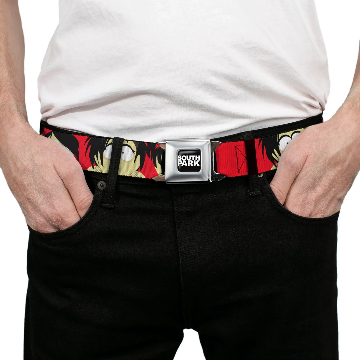 SOUTH PARK Title Logo Full Color Black/White Seatbelt Belt - South Park Goth Kids Expressions Red Webbing - Buckle-Down - Flyclothing LLC