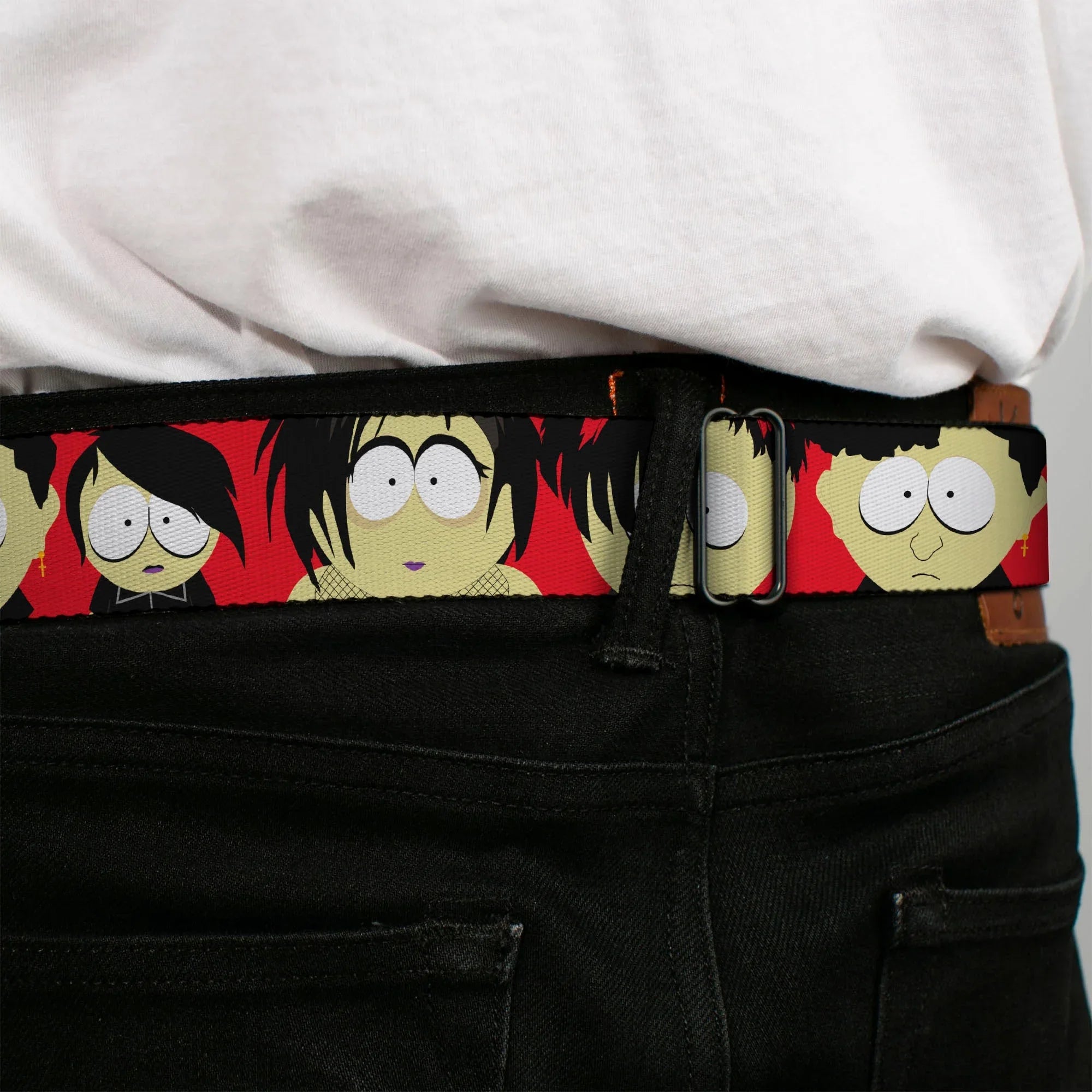 SOUTH PARK Title Logo Full Color Black/White Seatbelt Belt - South Park Goth Kids Expressions Red Webbing - Buckle-Down - Flyclothing LLC