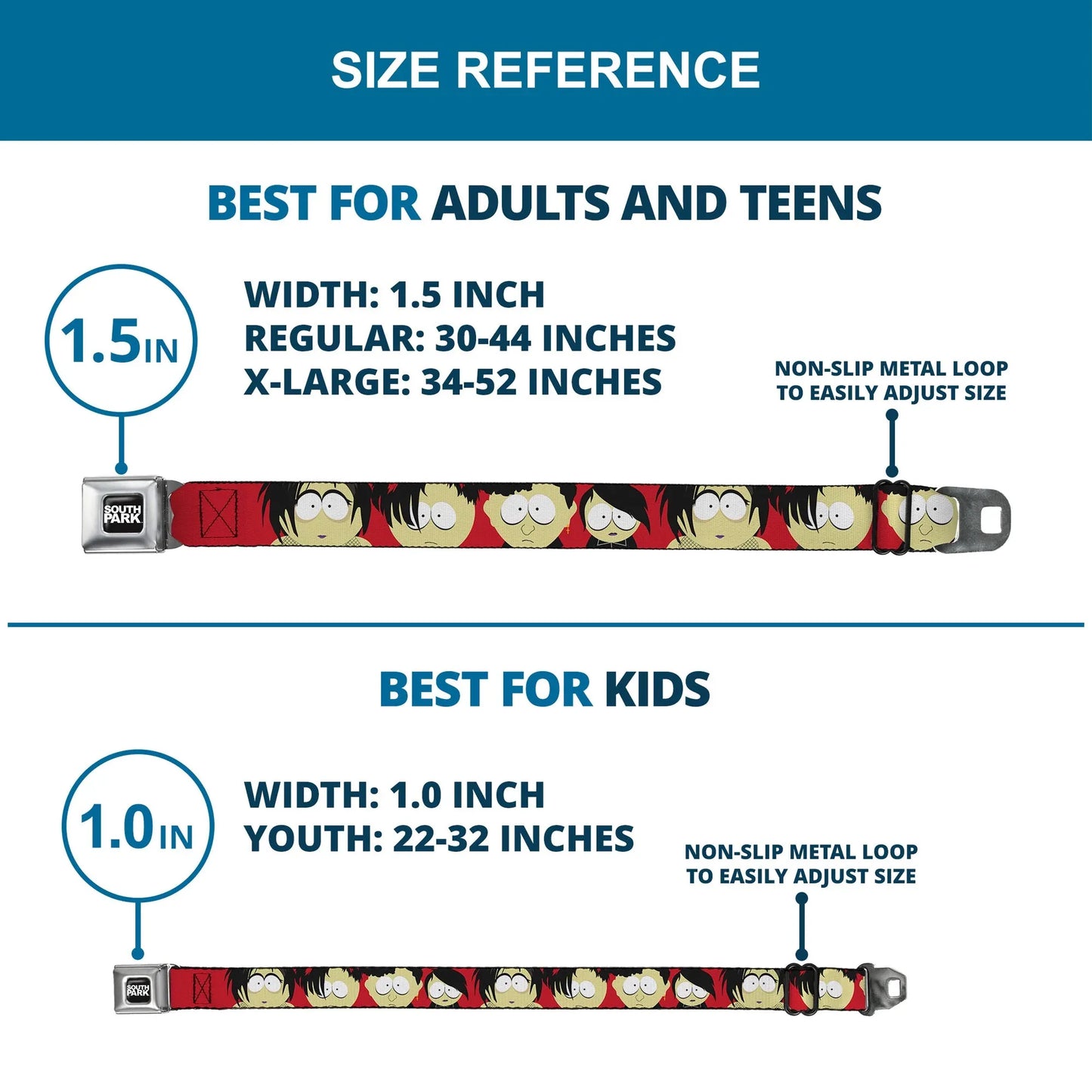 SOUTH PARK Title Logo Full Color Black/White Seatbelt Belt - South Park Goth Kids Expressions Red Webbing - Buckle-Down - Flyclothing LLC