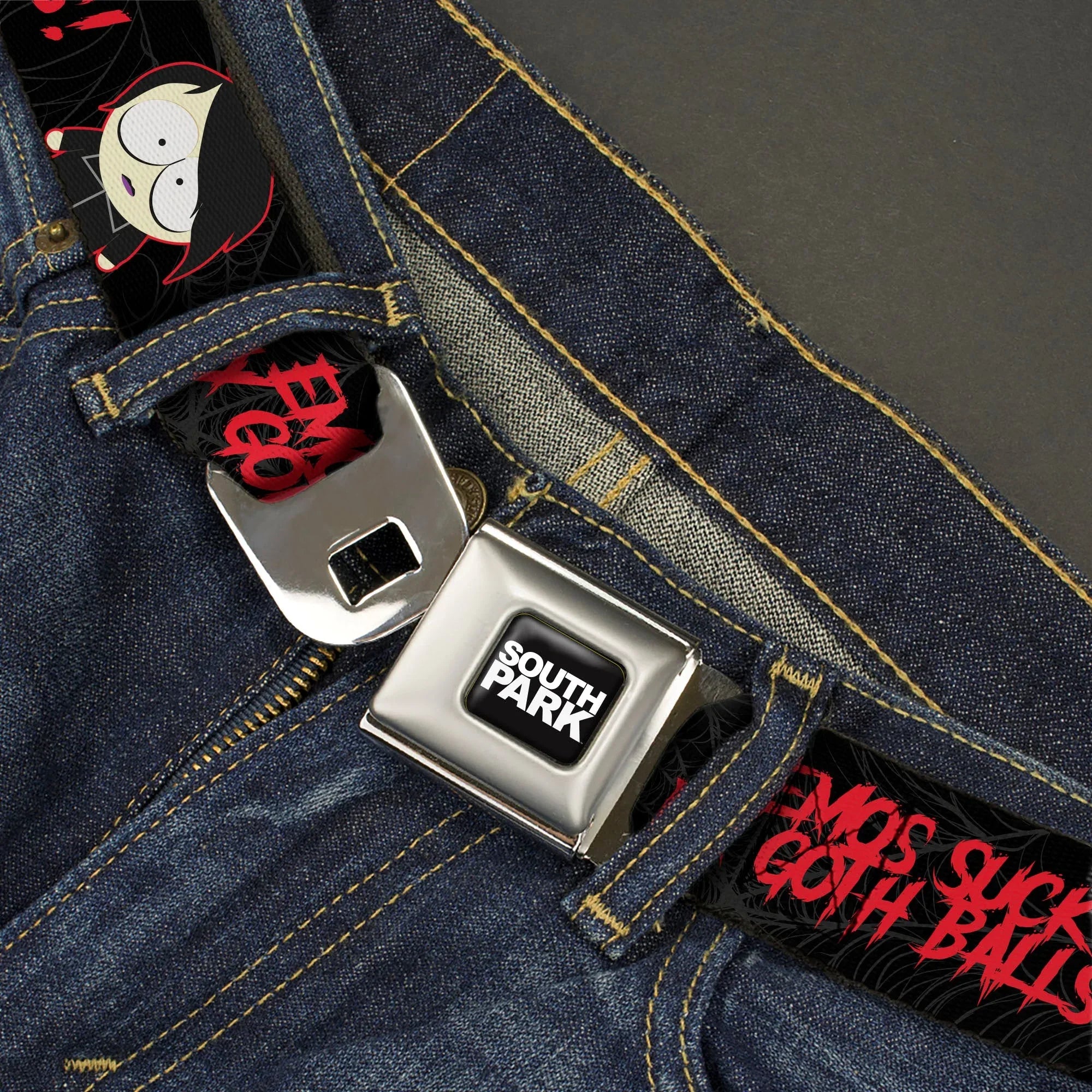 SOUTH PARK Title Logo Full Color Black/White Seatbelt Belt - South Park Goth Firkle EMOS SUCKS MY GOTH BALLS! Black/Gray/Red Webbing - Buckle-Down - Flyclothing LLC