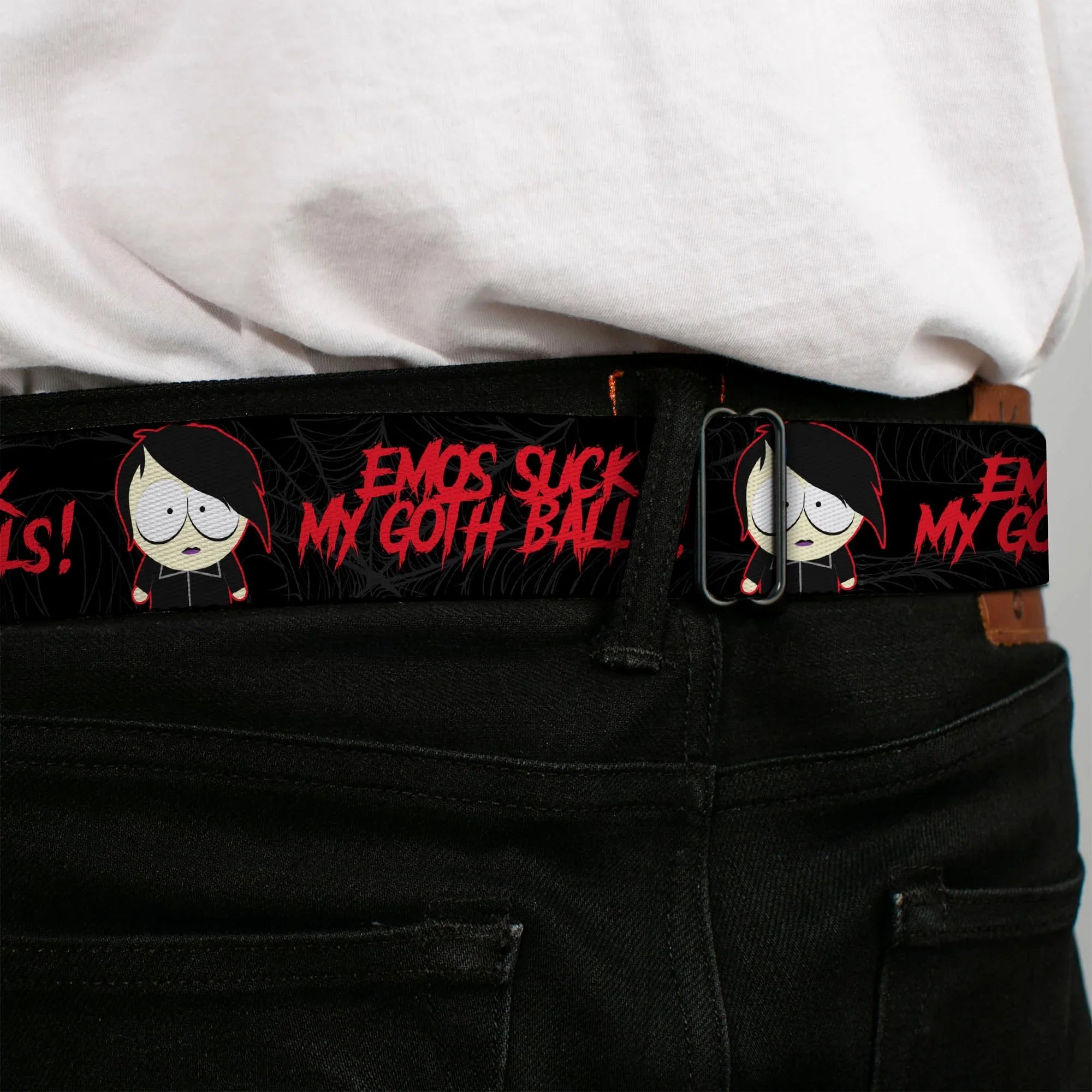 SOUTH PARK Title Logo Full Color Black/White Seatbelt Belt - South Park Goth Firkle EMOS SUCKS MY GOTH BALLS! Black/Gray/Red Webbing - Buckle-Down - Flyclothing LLC