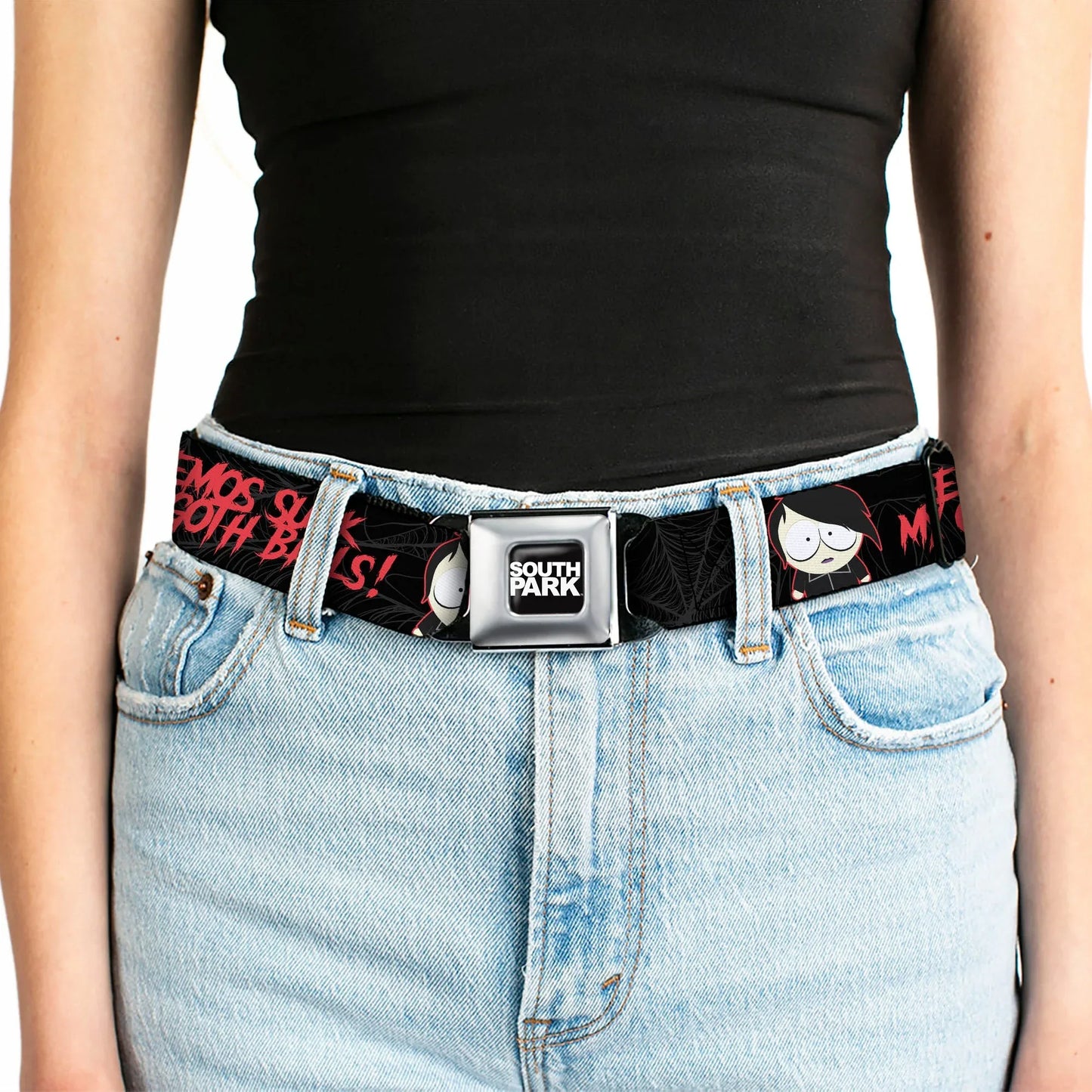 SOUTH PARK Title Logo Full Color Black/White Seatbelt Belt - South Park Goth Firkle EMOS SUCKS MY GOTH BALLS! Black/Gray/Red Webbing - Buckle-Down - Flyclothing LLC