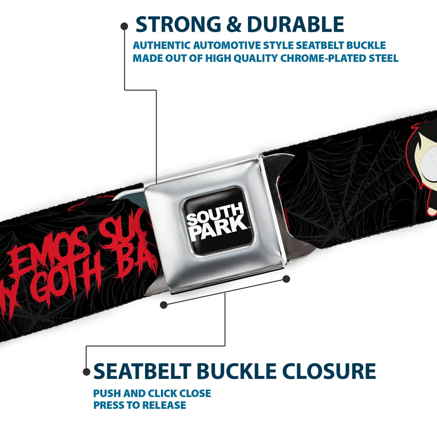 SOUTH PARK Title Logo Full Color Black/White Seatbelt Belt - South Park Goth Firkle EMOS SUCKS MY GOTH BALLS! Black/Gray/Red Webbing - Buckle-Down - Flyclothing LLC