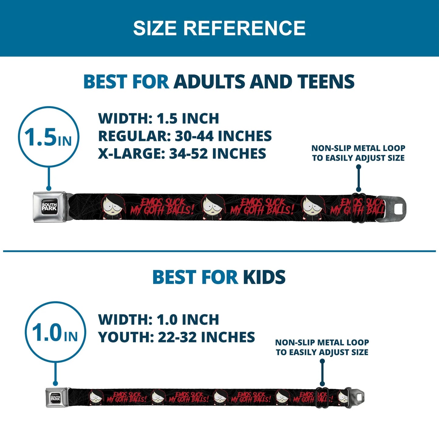 SOUTH PARK Title Logo Full Color Black/White Seatbelt Belt - South Park Goth Firkle EMOS SUCKS MY GOTH BALLS! Black/Gray/Red Webbing - Buckle-Down - Flyclothing LLC