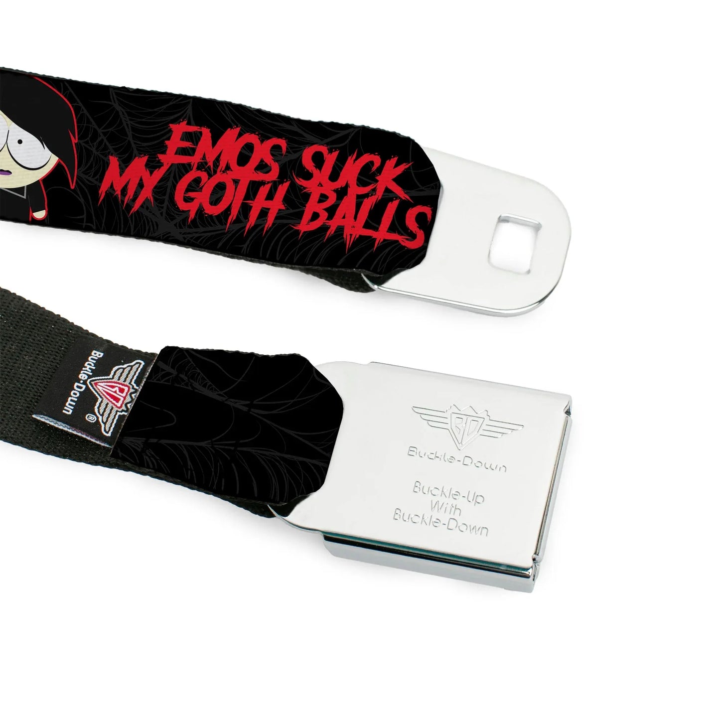 SOUTH PARK Title Logo Full Color Black/White Seatbelt Belt - South Park Goth Firkle EMOS SUCKS MY GOTH BALLS! Black/Gray/Red Webbing - Buckle-Down - Flyclothing LLC