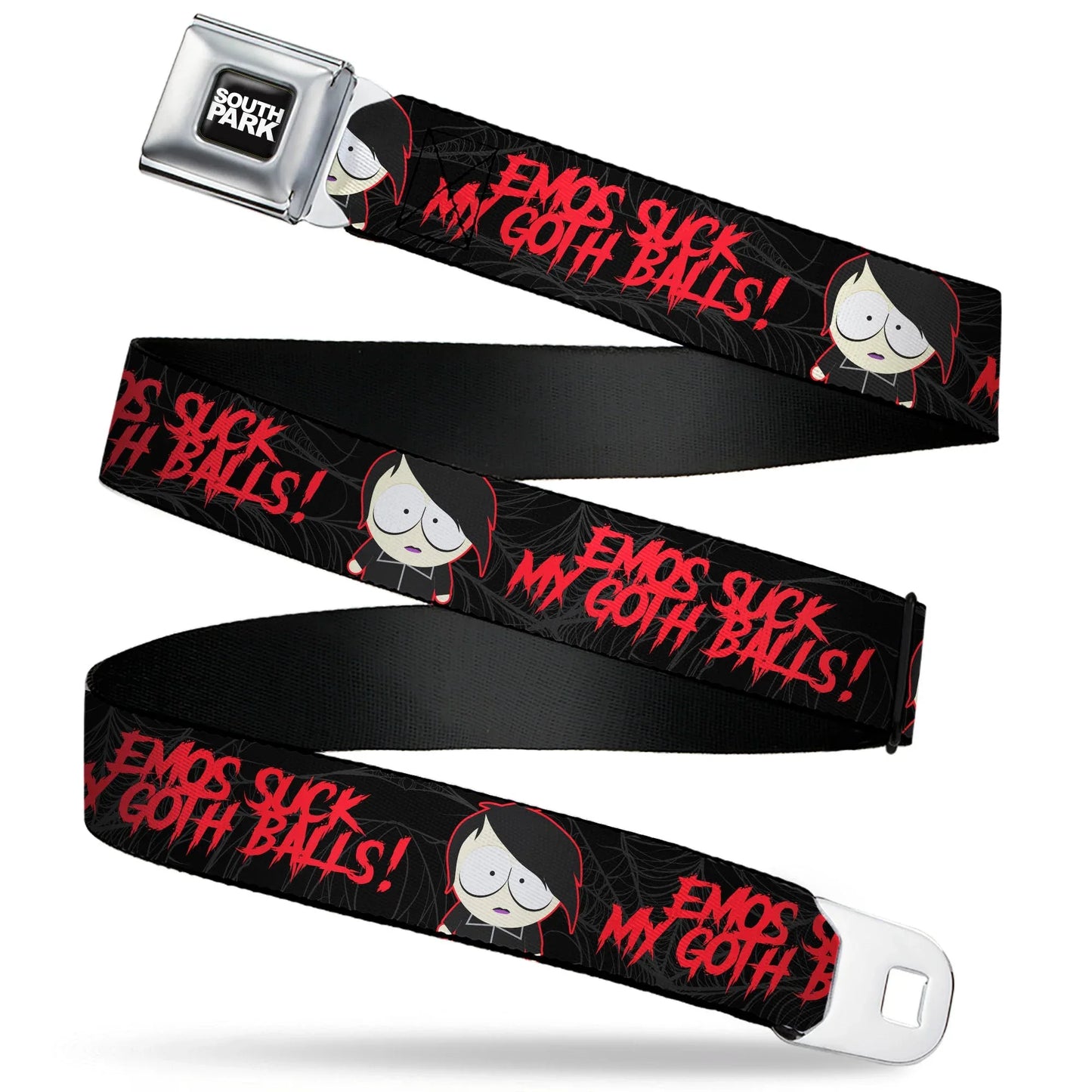 SOUTH PARK Title Logo Full Color Black/White Seatbelt Belt - South Park Goth Firkle EMOS SUCKS MY GOTH BALLS! Black/Gray/Red Webbing - Buckle-Down - Flyclothing LLC