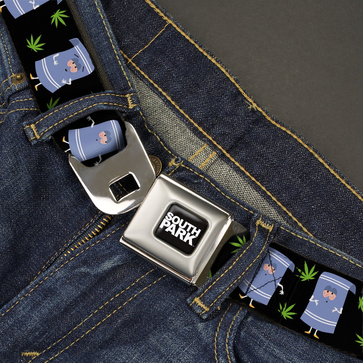 SOUTH PARK Title Logo Full Color Black/White Seatbelt Belt - South Park Towlie and Scattered Pot Leaves Black Webbing
