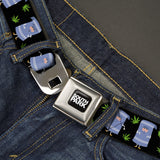 SOUTH PARK Title Logo Full Color Black/White Seatbelt Belt - South Park Towlie and Scattered Pot Leaves Black Webbing