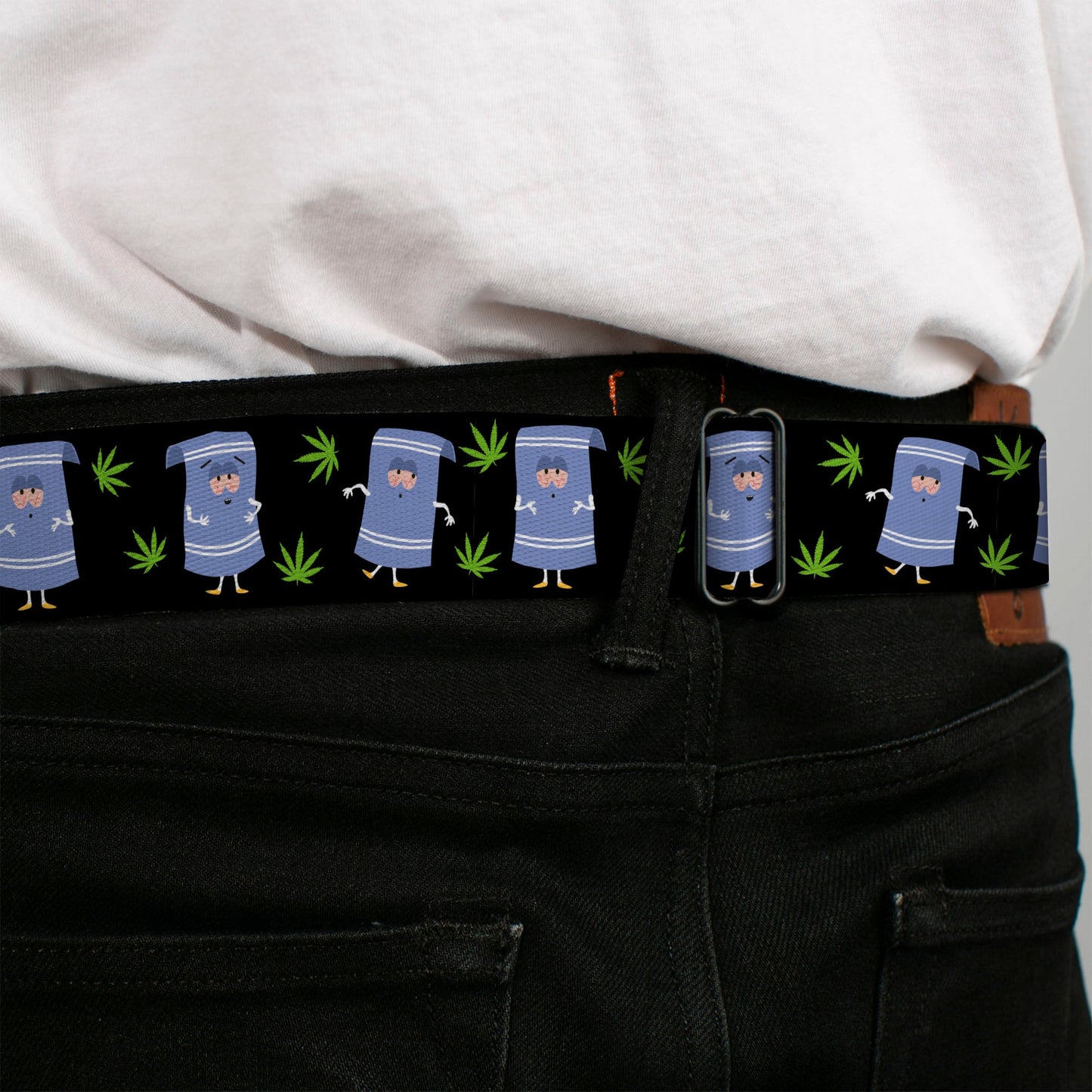 SOUTH PARK Title Logo Full Color Black/White Seatbelt Belt - South Park Towlie and Scattered Pot Leaves Black Webbing
