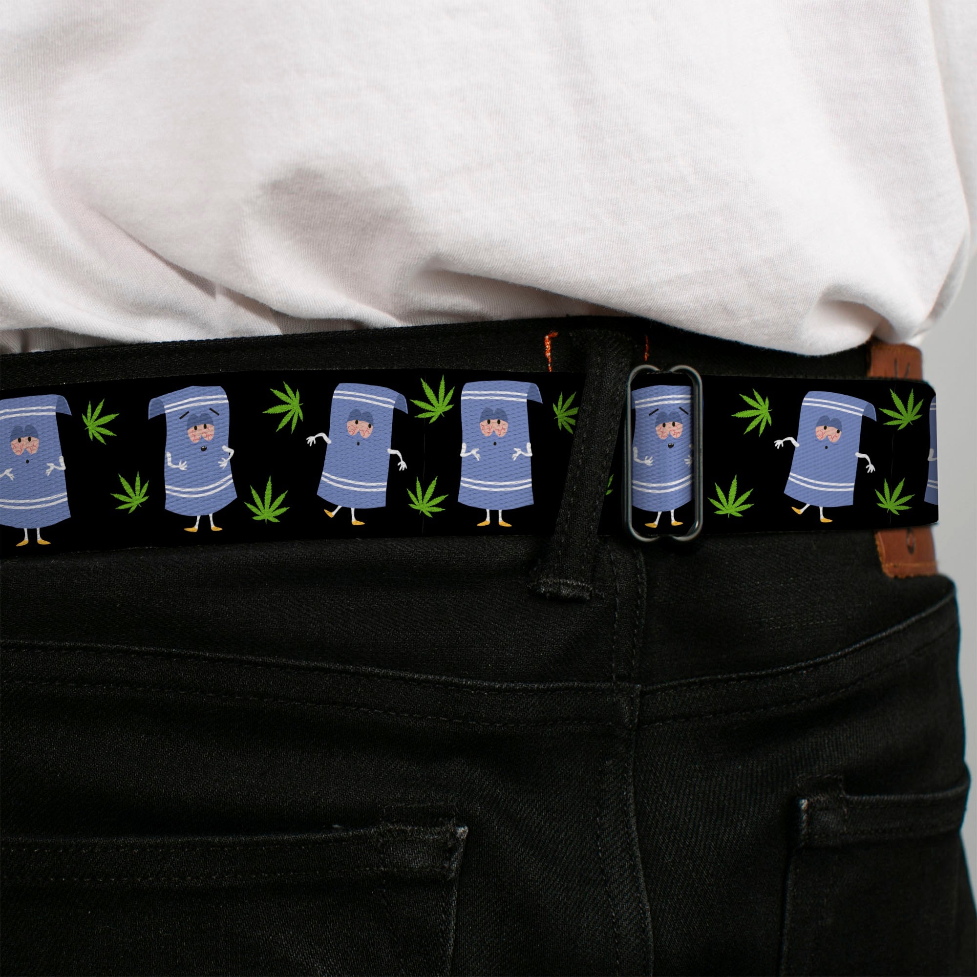 SOUTH PARK Title Logo Full Color Black/White Seatbelt Belt - South Park Towlie and Scattered Pot Leaves Black Webbing