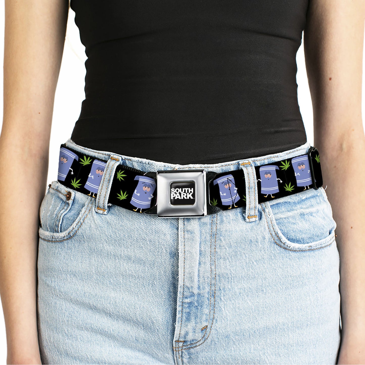 SOUTH PARK Title Logo Full Color Black/White Seatbelt Belt - South Park Towlie and Scattered Pot Leaves Black Webbing
