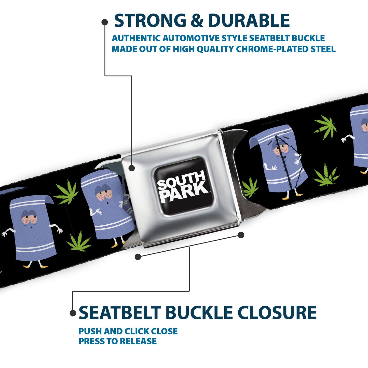 SOUTH PARK Title Logo Full Color Black/White Seatbelt Belt - South Park Towlie and Scattered Pot Leaves Black Webbing