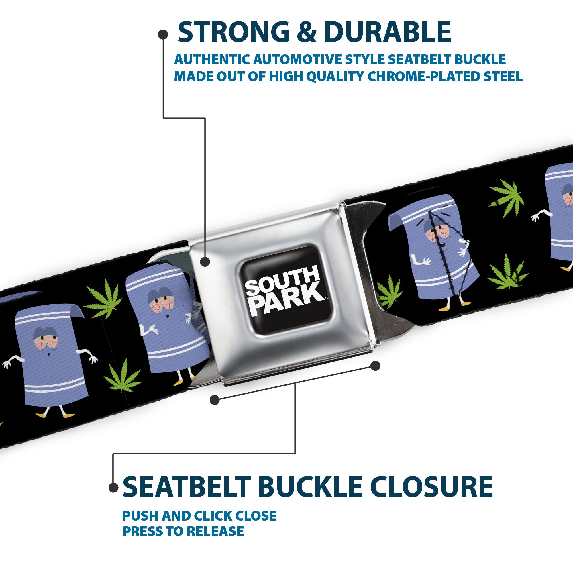 SOUTH PARK Title Logo Full Color Black/White Seatbelt Belt - South Park Towlie and Scattered Pot Leaves Black Webbing