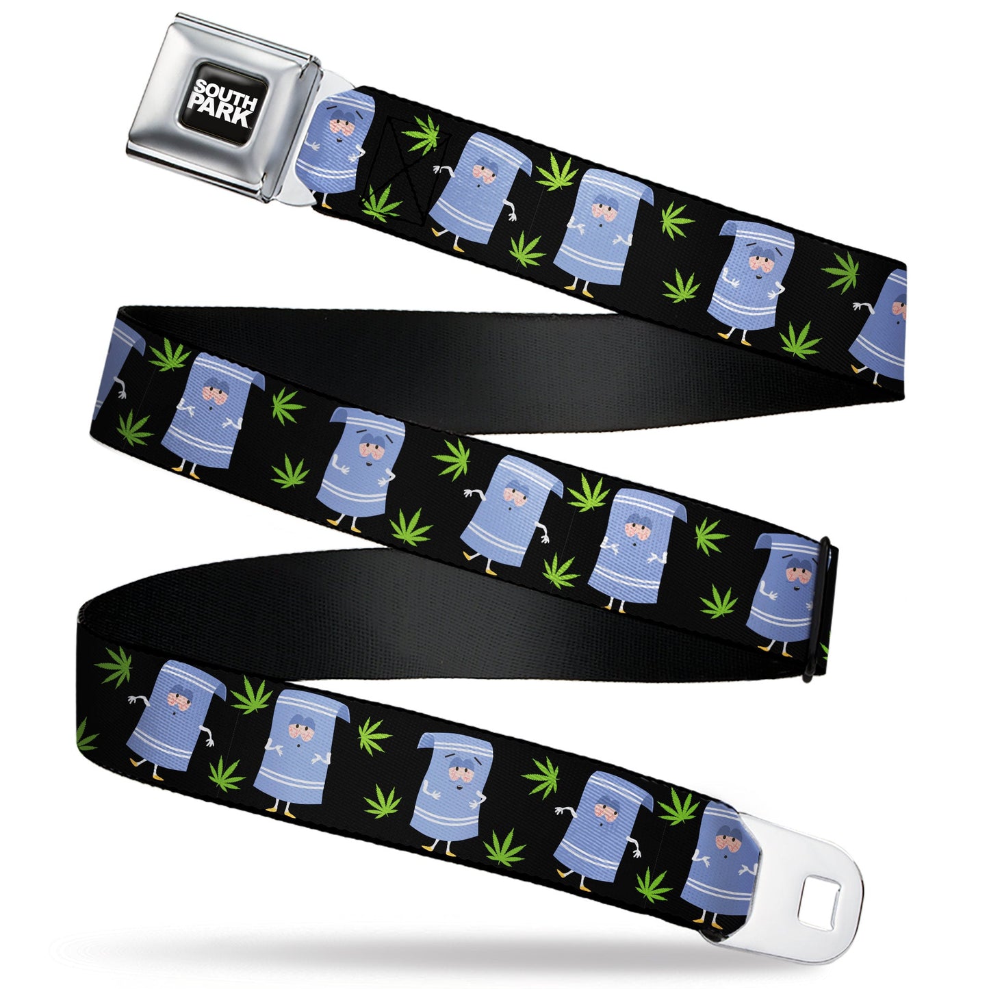 SOUTH PARK Title Logo Full Color Black/White Seatbelt Belt - South Park Towlie and Scattered Pot Leaves Black Webbing