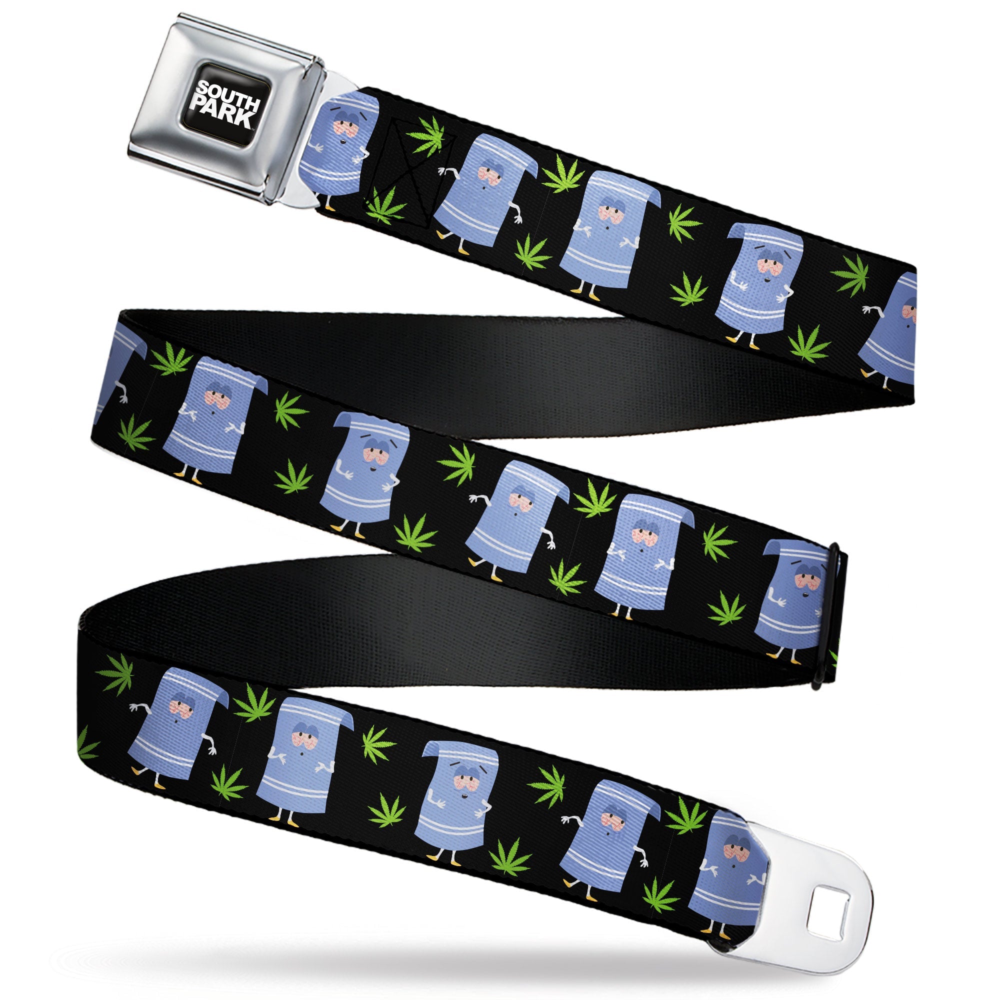 SOUTH PARK Title Logo Full Color Black/White Seatbelt Belt - South Park Towlie and Scattered Pot Leaves Black Webbing