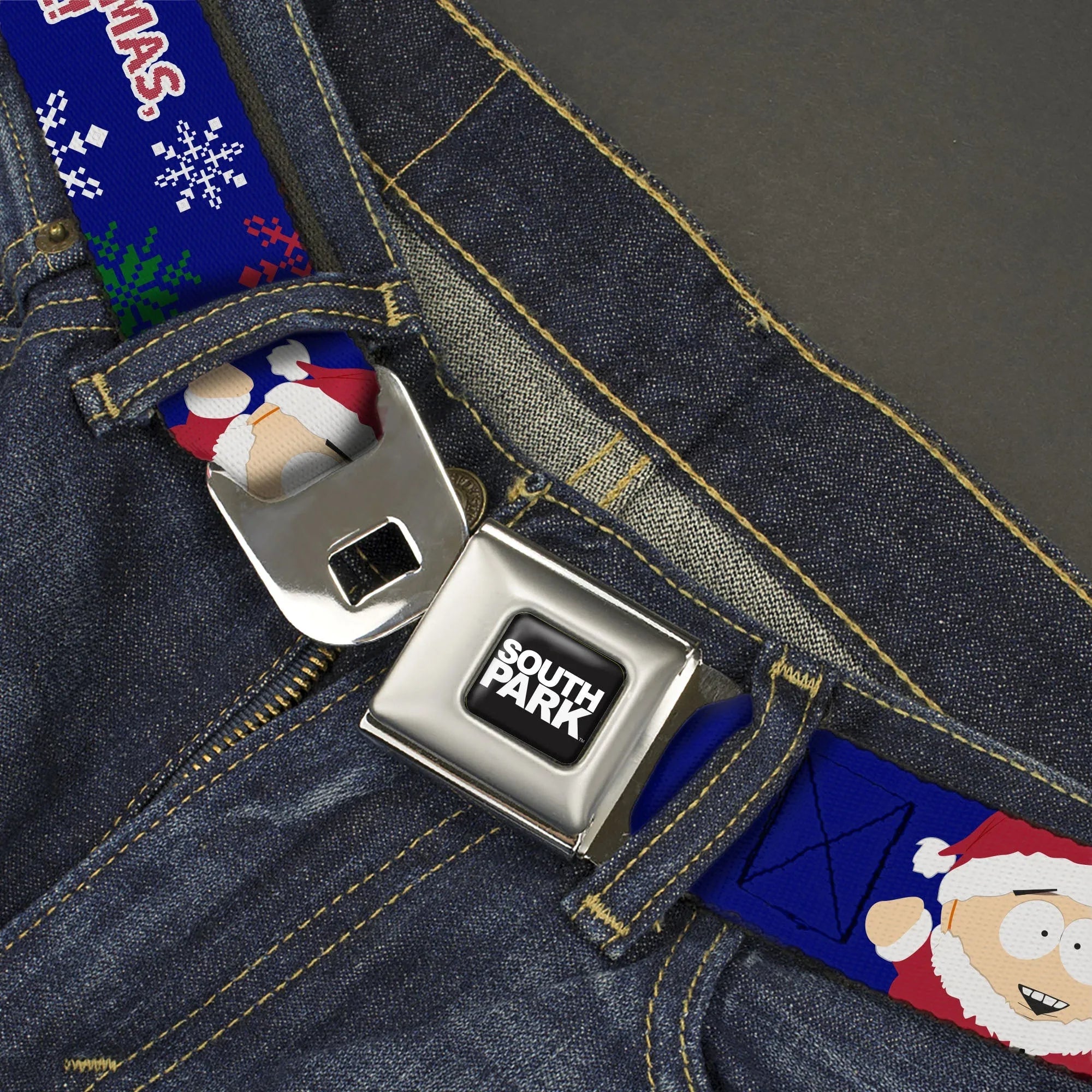 SOUTH PARK Title Logo Full Color Black/White Seatbelt Belt - South Park Cartman Holiday Quote Sweater Stitch Pose Blue Webbing - Buckle-Down - Flyclothing LLC
