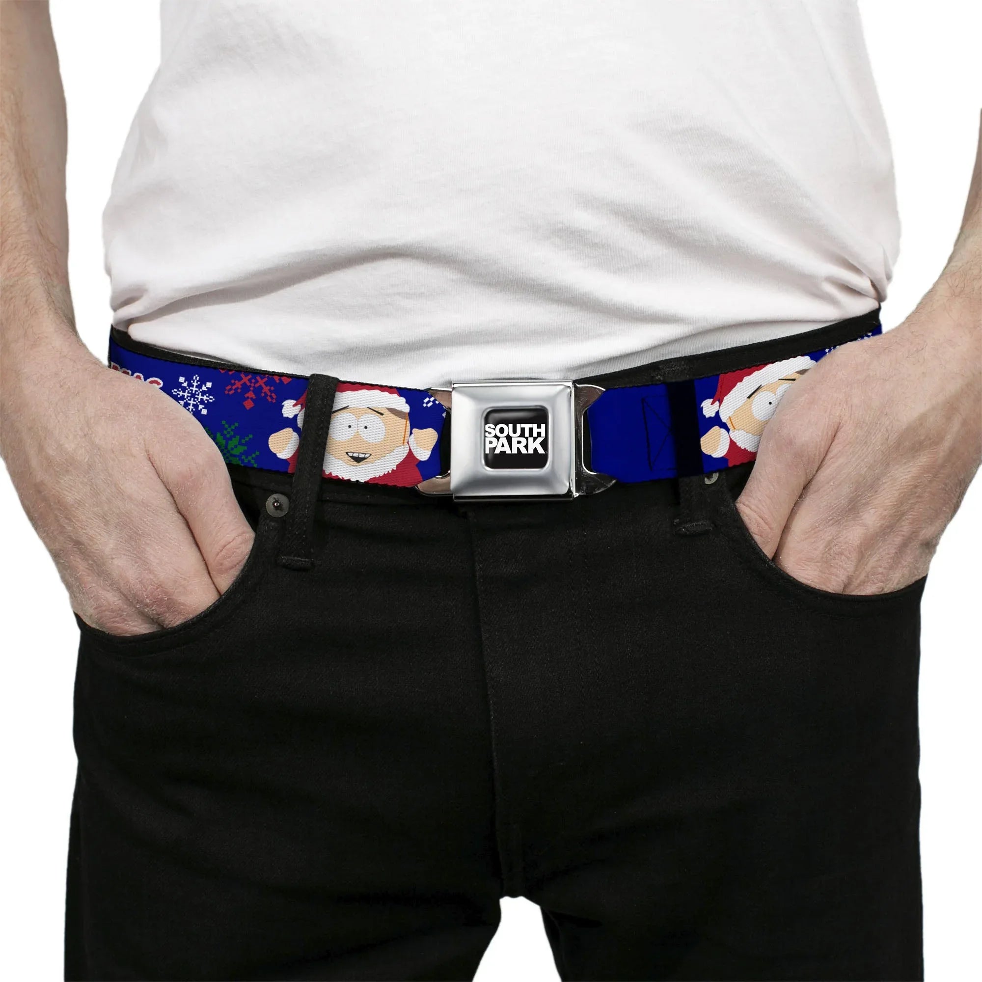 SOUTH PARK Title Logo Full Color Black/White Seatbelt Belt - South Park Cartman Holiday Quote Sweater Stitch Pose Blue Webbing - Buckle-Down - Flyclothing LLC