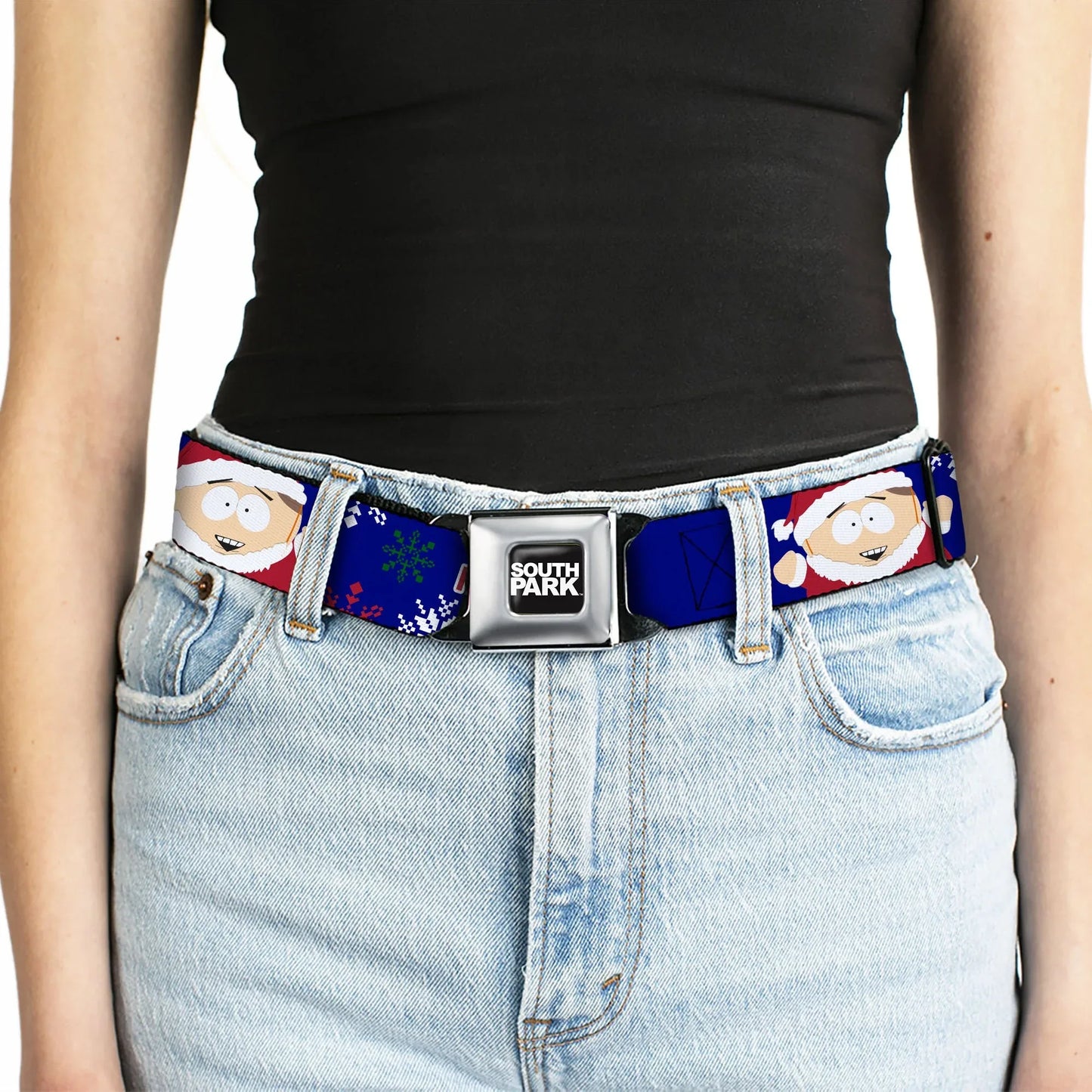 SOUTH PARK Title Logo Full Color Black/White Seatbelt Belt - South Park Cartman Holiday Quote Sweater Stitch Pose Blue Webbing - Buckle-Down - Flyclothing LLC