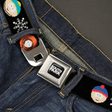 SOUTH PARK Title Logo Full Color Black/White Seatbelt Belt - South Park Boys Ugly Christmas Sweater Faces Black Webbing - Buckle-Down - Flyclothing LLC