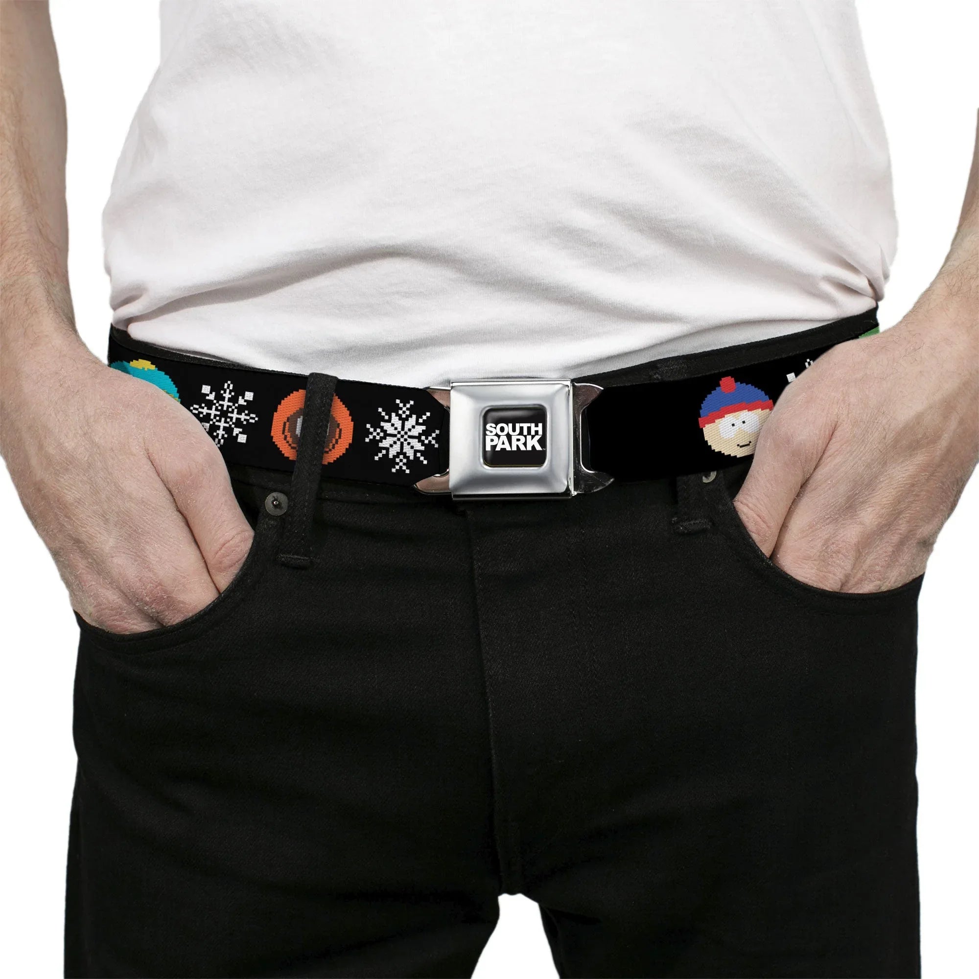 SOUTH PARK Title Logo Full Color Black/White Seatbelt Belt - South Park Boys Ugly Christmas Sweater Faces Black Webbing - Buckle-Down - Flyclothing LLC