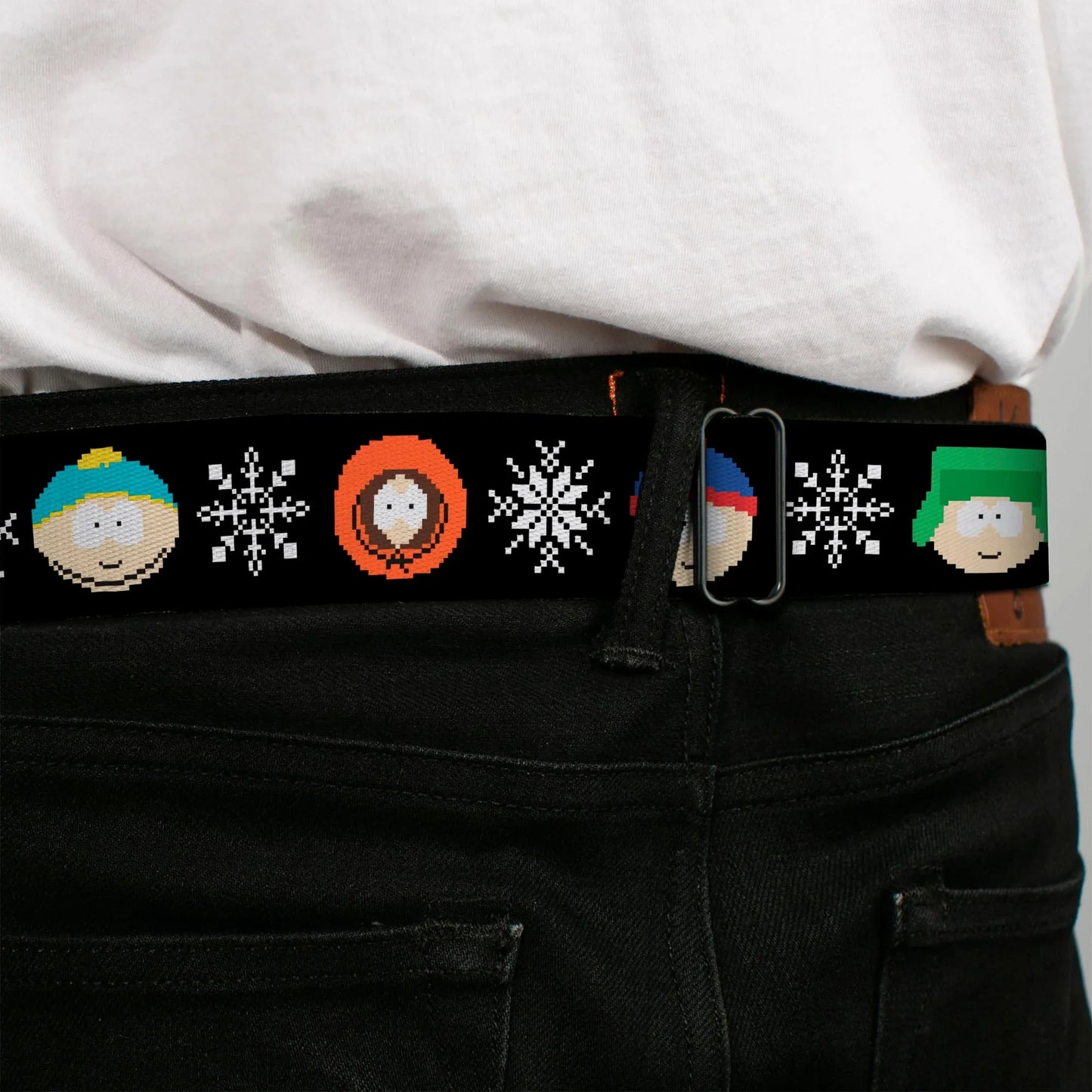 SOUTH PARK Title Logo Full Color Black/White Seatbelt Belt - South Park Boys Ugly Christmas Sweater Faces Black Webbing - Buckle-Down - Flyclothing LLC