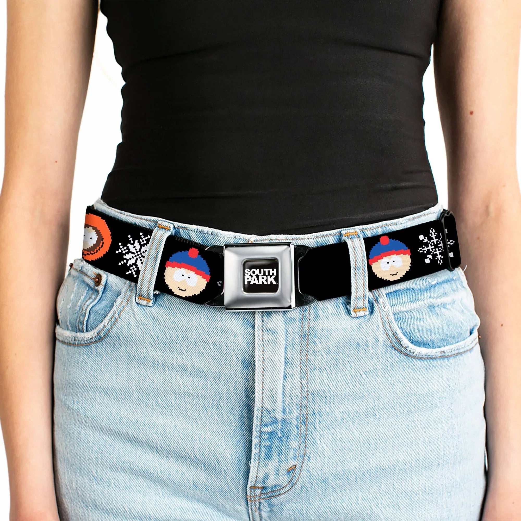 SOUTH PARK Title Logo Full Color Black/White Seatbelt Belt - South Park Boys Ugly Christmas Sweater Faces Black Webbing - Buckle-Down - Flyclothing LLC