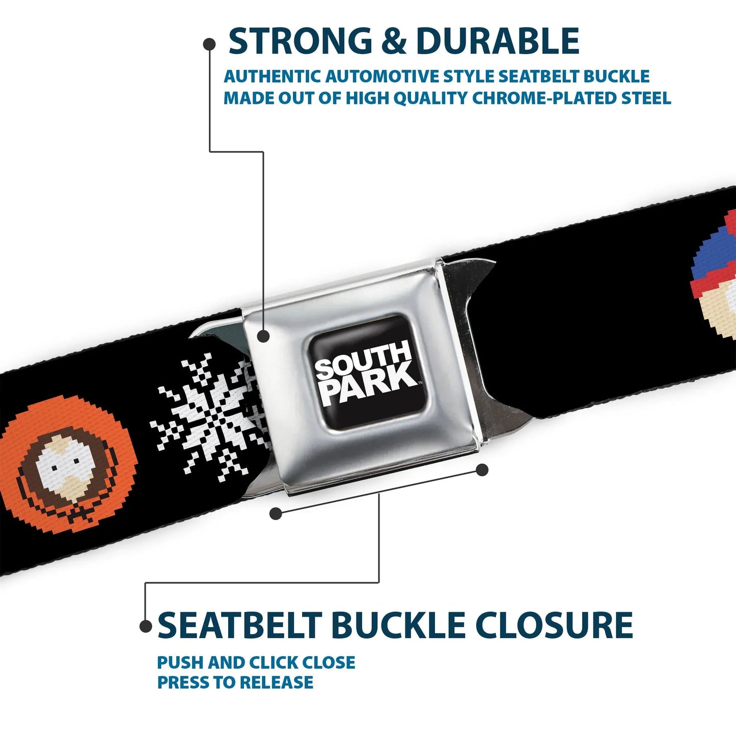 SOUTH PARK Title Logo Full Color Black/White Seatbelt Belt - South Park Boys Ugly Christmas Sweater Faces Black Webbing - Buckle-Down - Flyclothing LLC