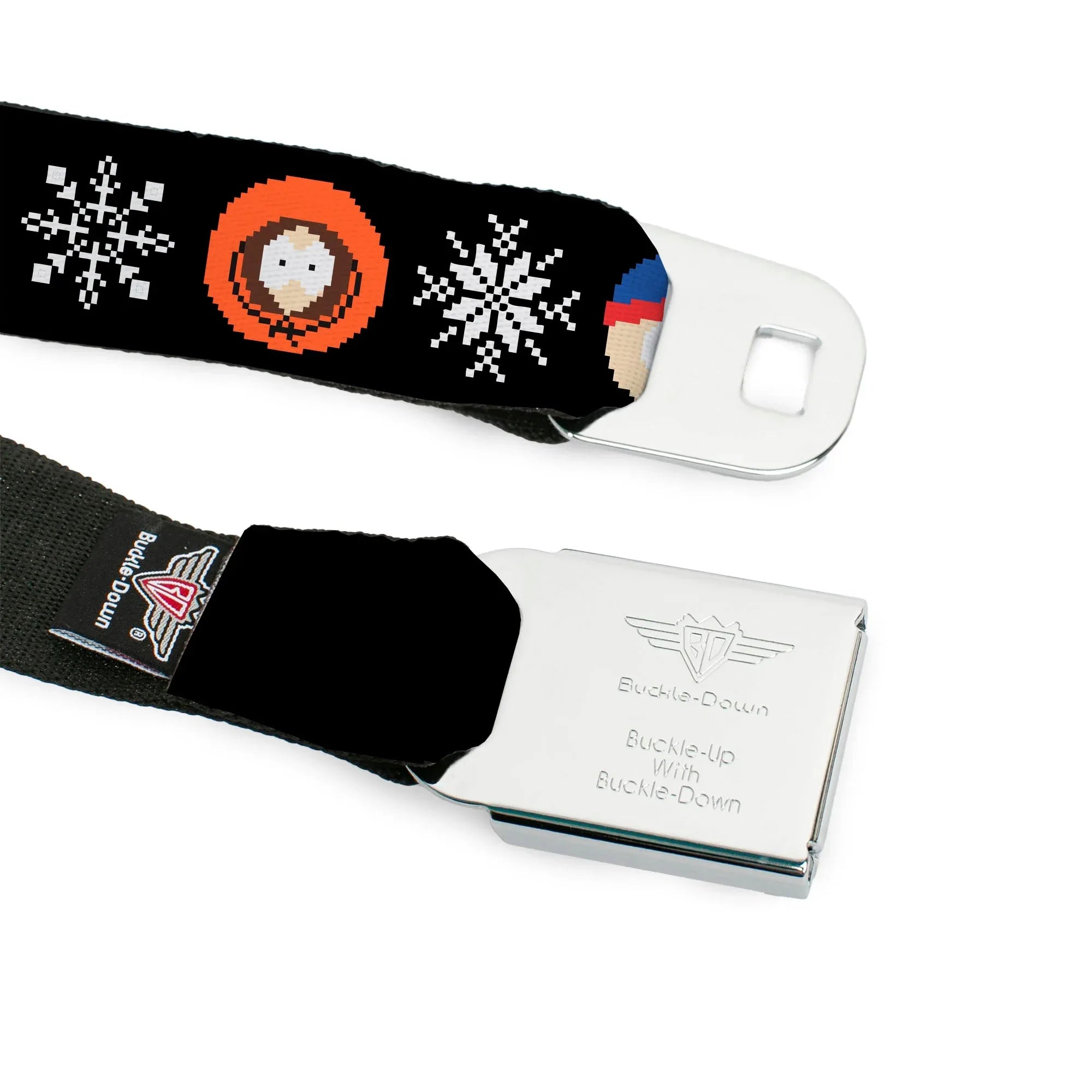 SOUTH PARK Title Logo Full Color Black/White Seatbelt Belt - South Park Boys Ugly Christmas Sweater Faces Black Webbing - Buckle-Down - Flyclothing LLC