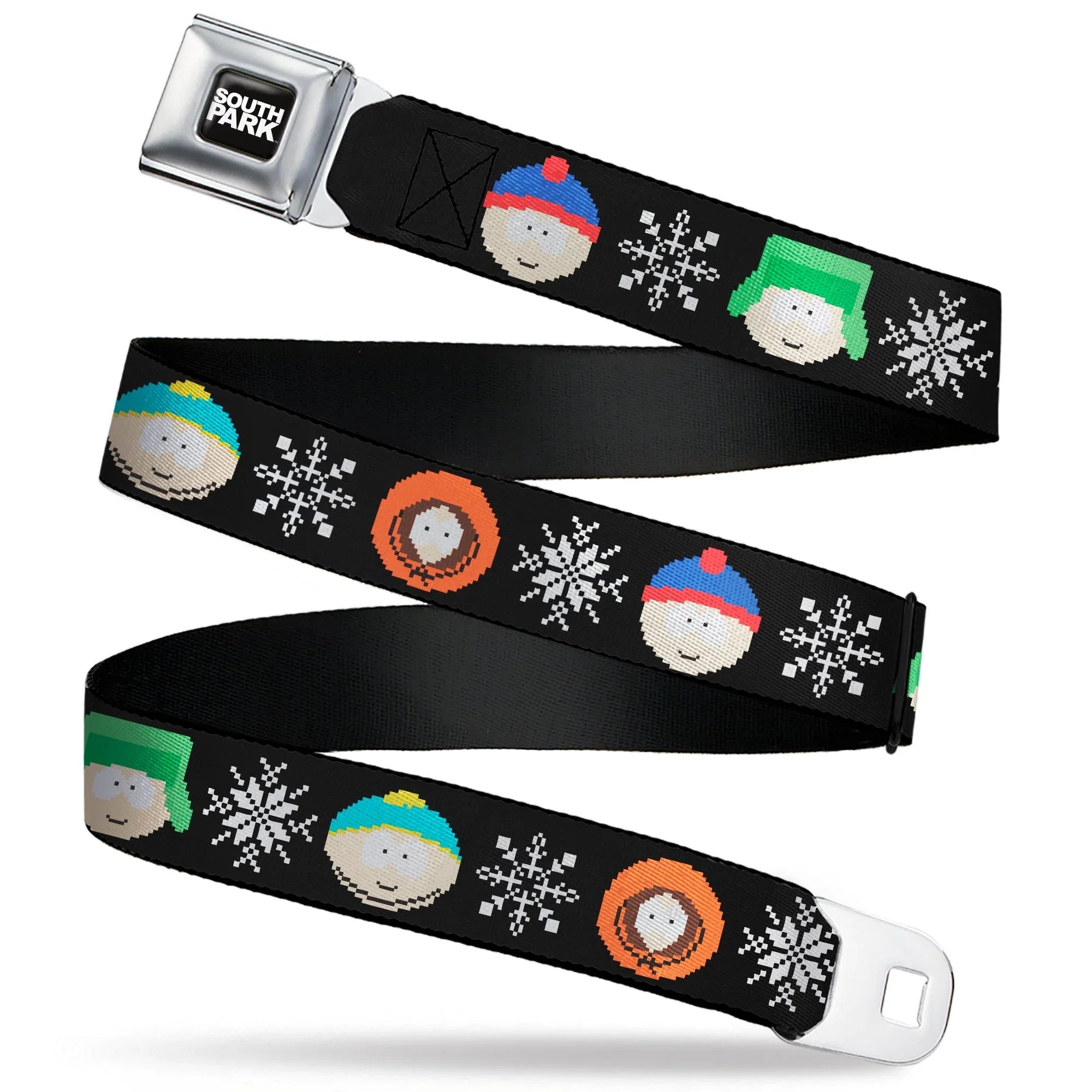 SOUTH PARK Title Logo Full Color Black/White Seatbelt Belt - South Park Boys Ugly Christmas Sweater Faces Black Webbing - Buckle-Down - Flyclothing LLC