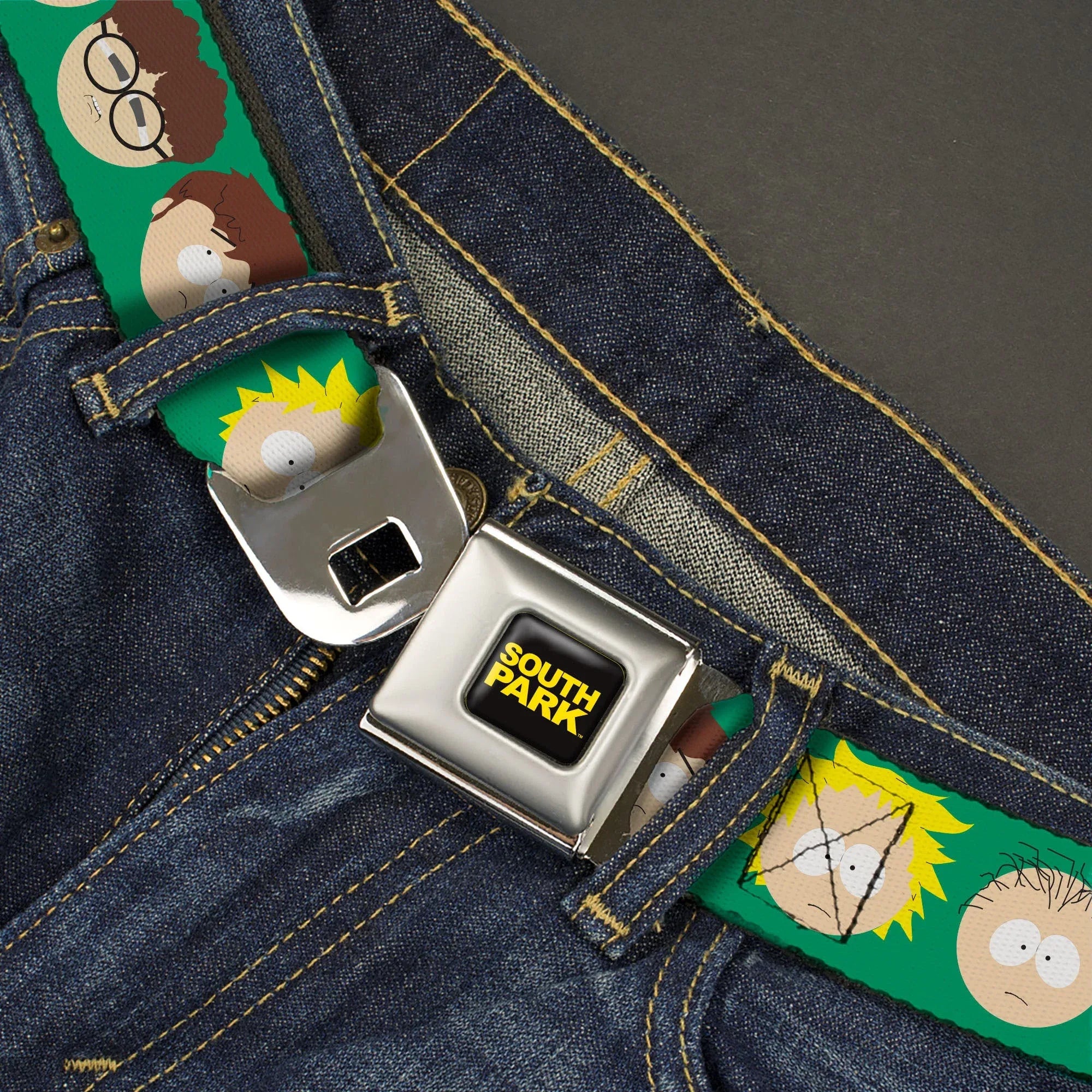 SOUTH PARK Title Logo Full Color Black/Yellow Seatbelt Belt - South Park Kids Faces Green Webbing - Buckle-Down - Flyclothing LLC